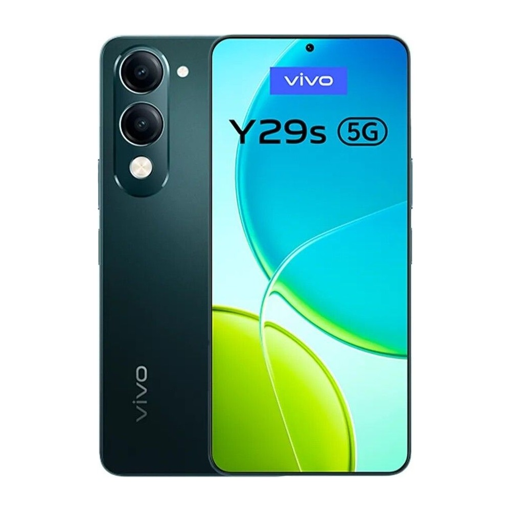 Çift arka kameralı koyu yeşil Vivo Y29s 5G akıllı telefon.