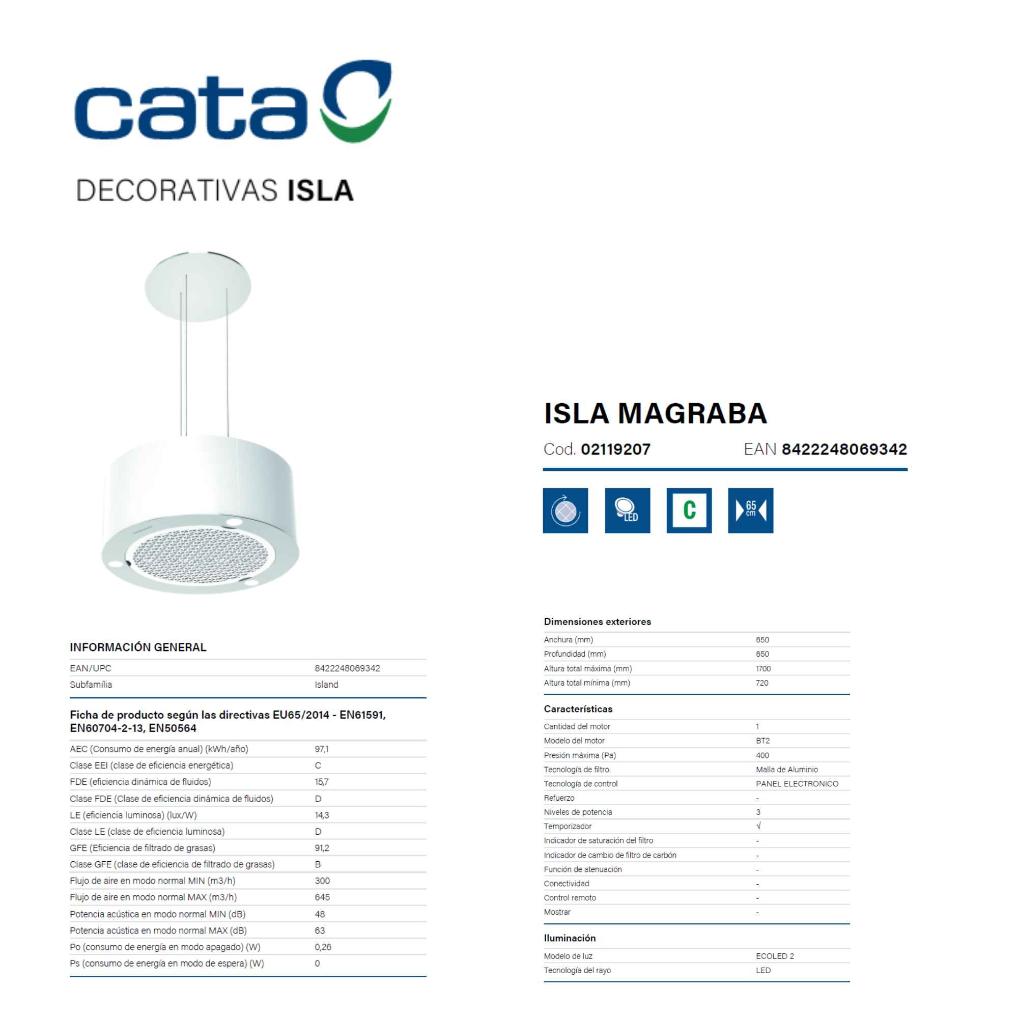 Una campana extractora de isla blanca con detalles plateados cuelga del techo.
