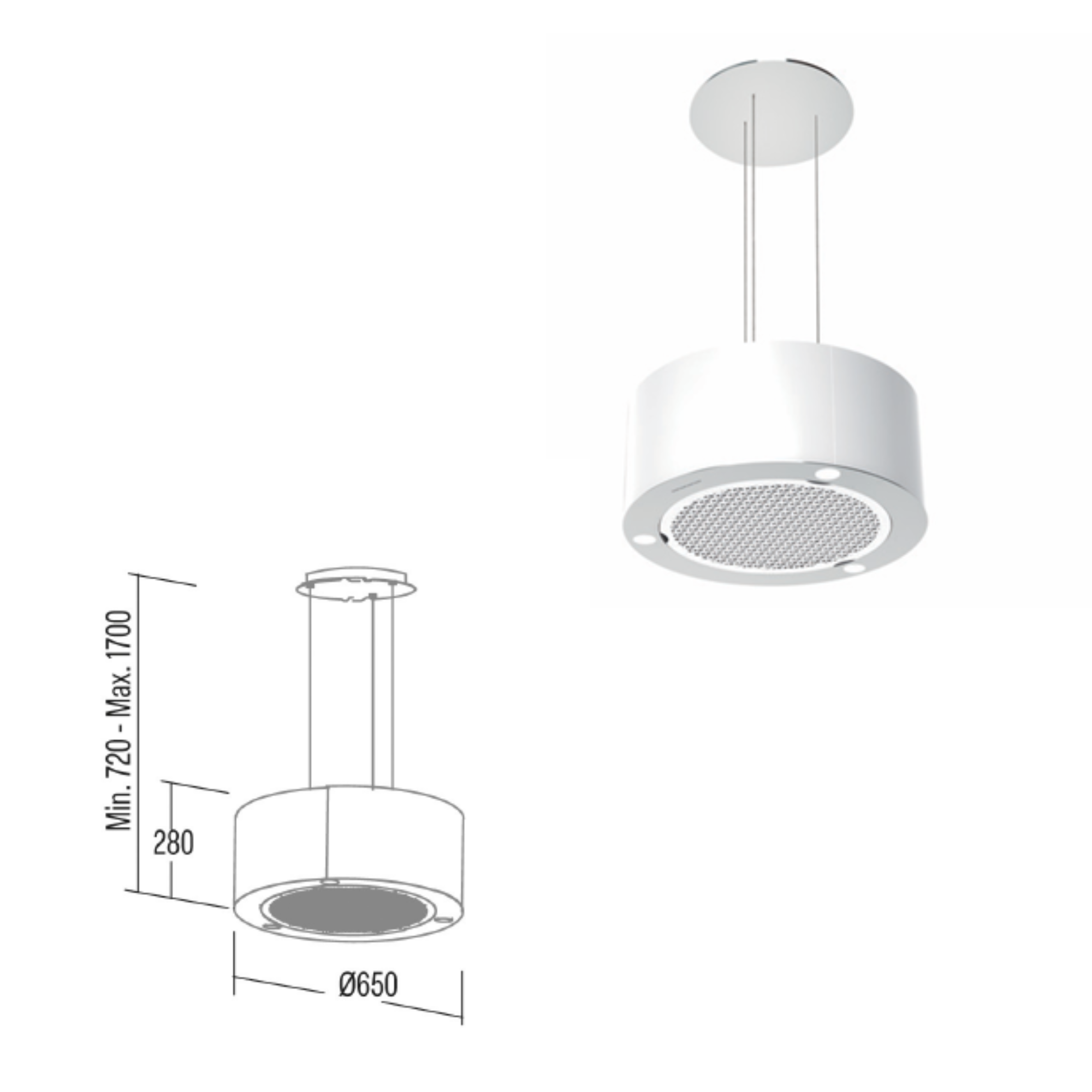 Campana de techo blanca con rejilla metálica y dimensiones.