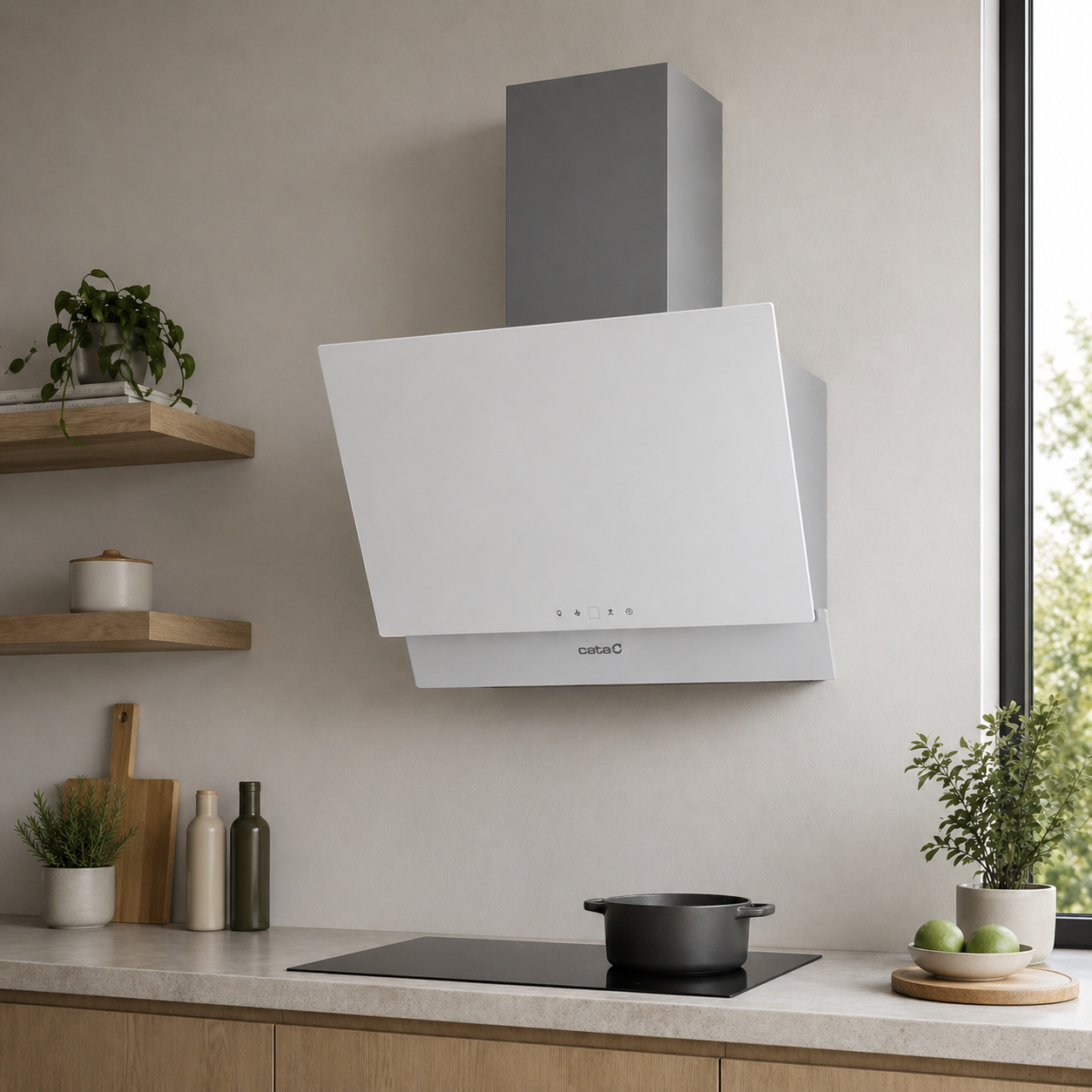 Una campana extractora blanca sobre una placa de inducción con una olla.