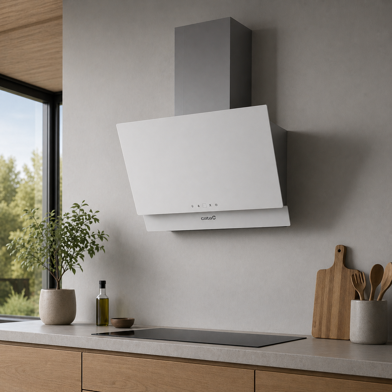 Moderna campana extractora blanca sobre una placa de inducción en una cocina elegante.