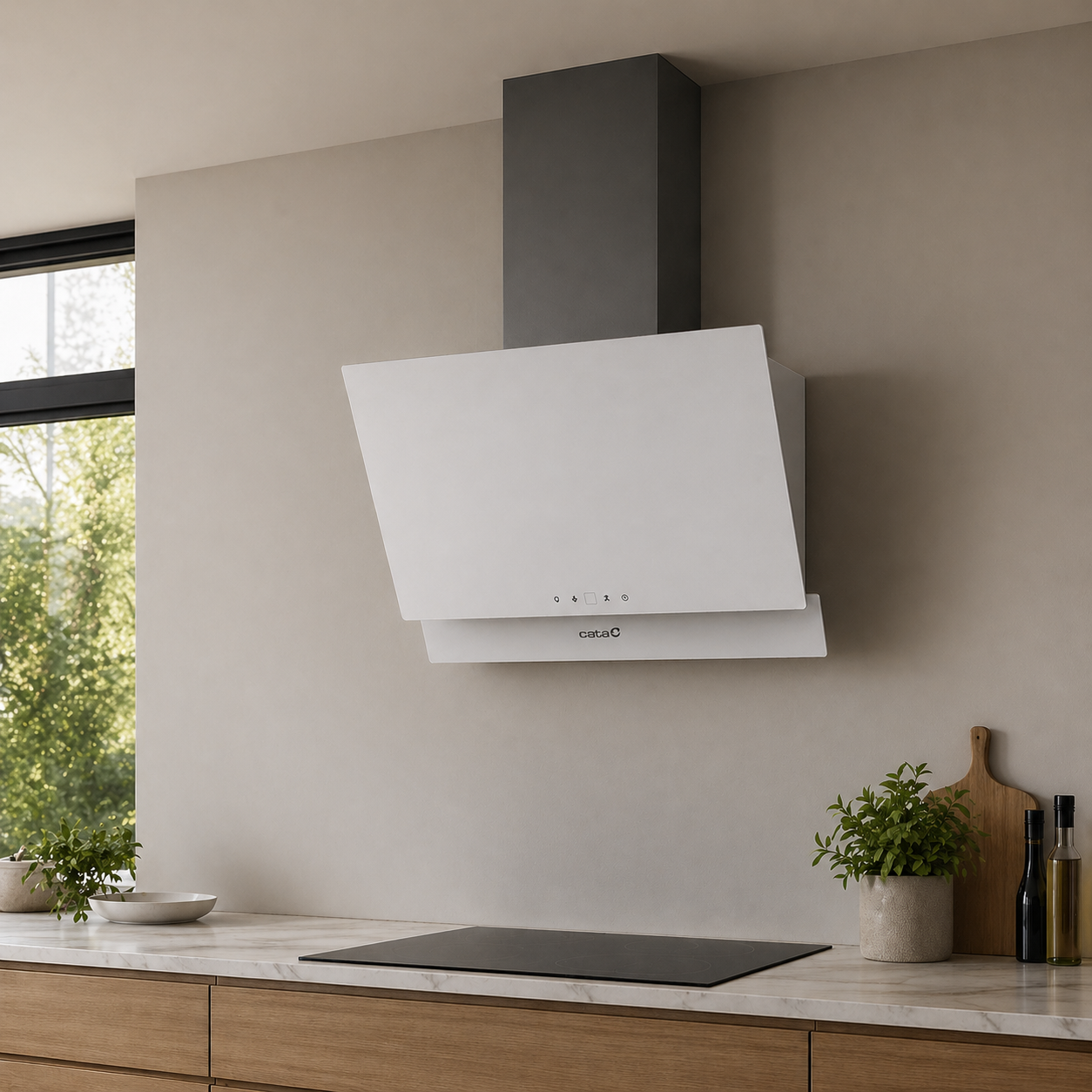 Moderna campana extractora blanca sobre una placa de cocina con gabinetes de madera.