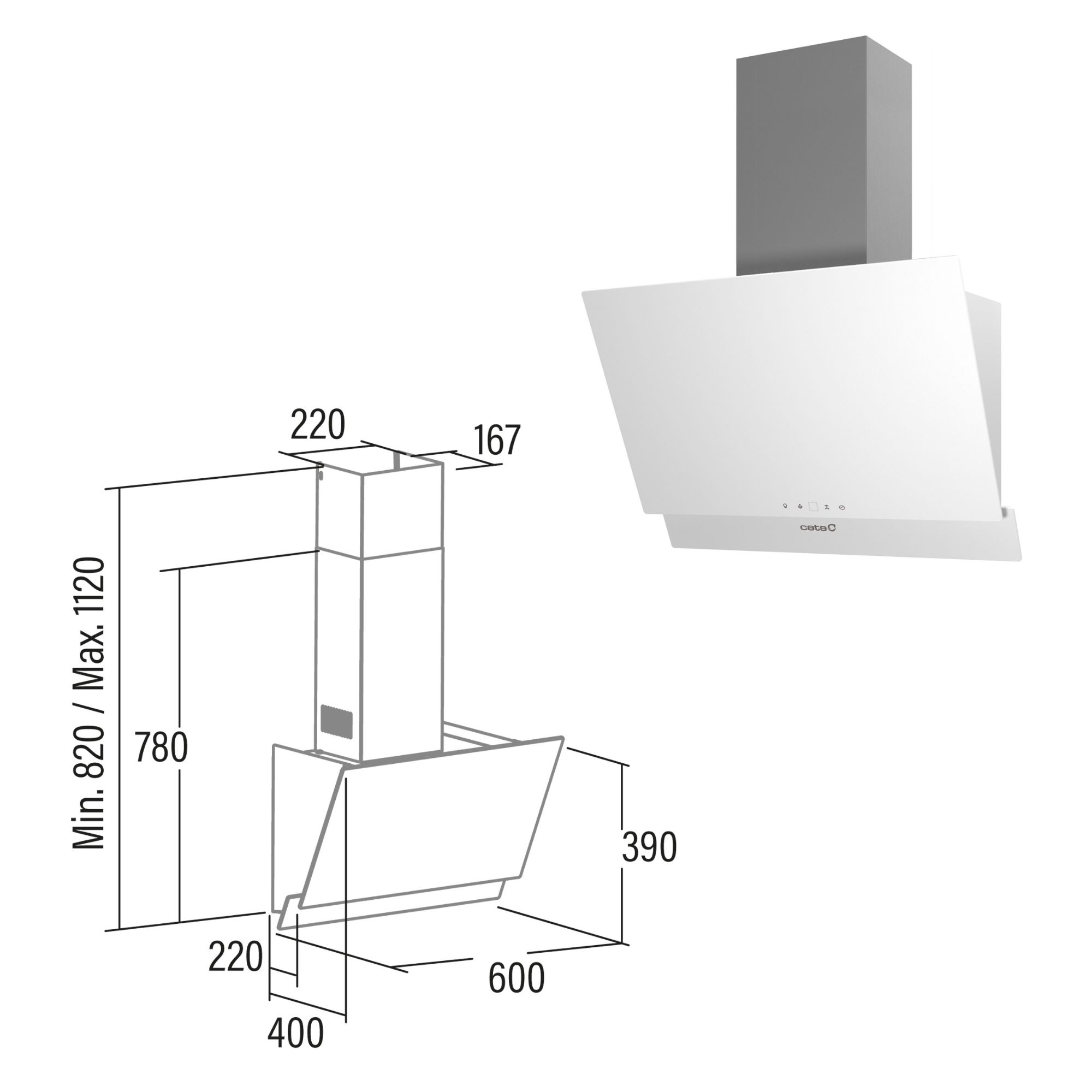 Una campana extractora blanca con dimensiones técnicas.