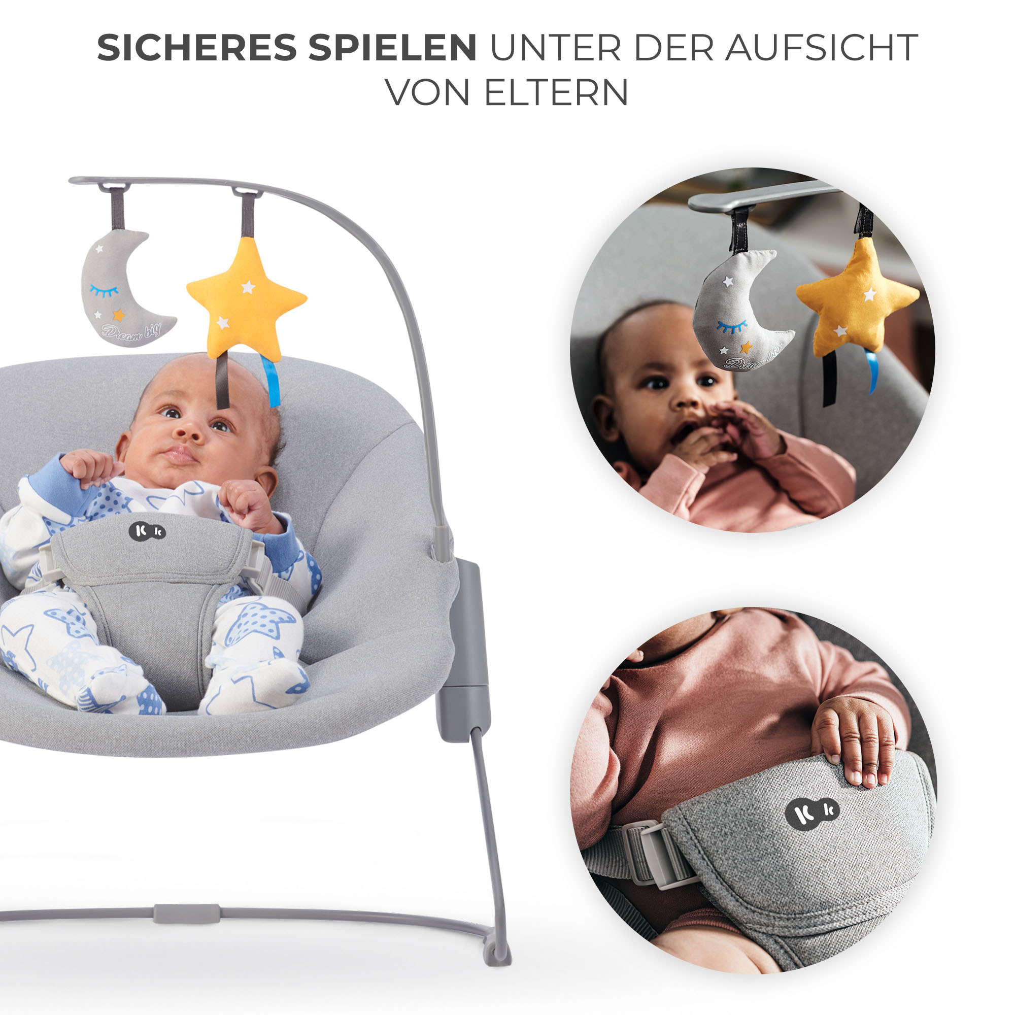 Baby in grauem Schaukelstuhl mit Mond- und Sternspielzeug. Nahaufnahmen des Babys und des Gurtes.