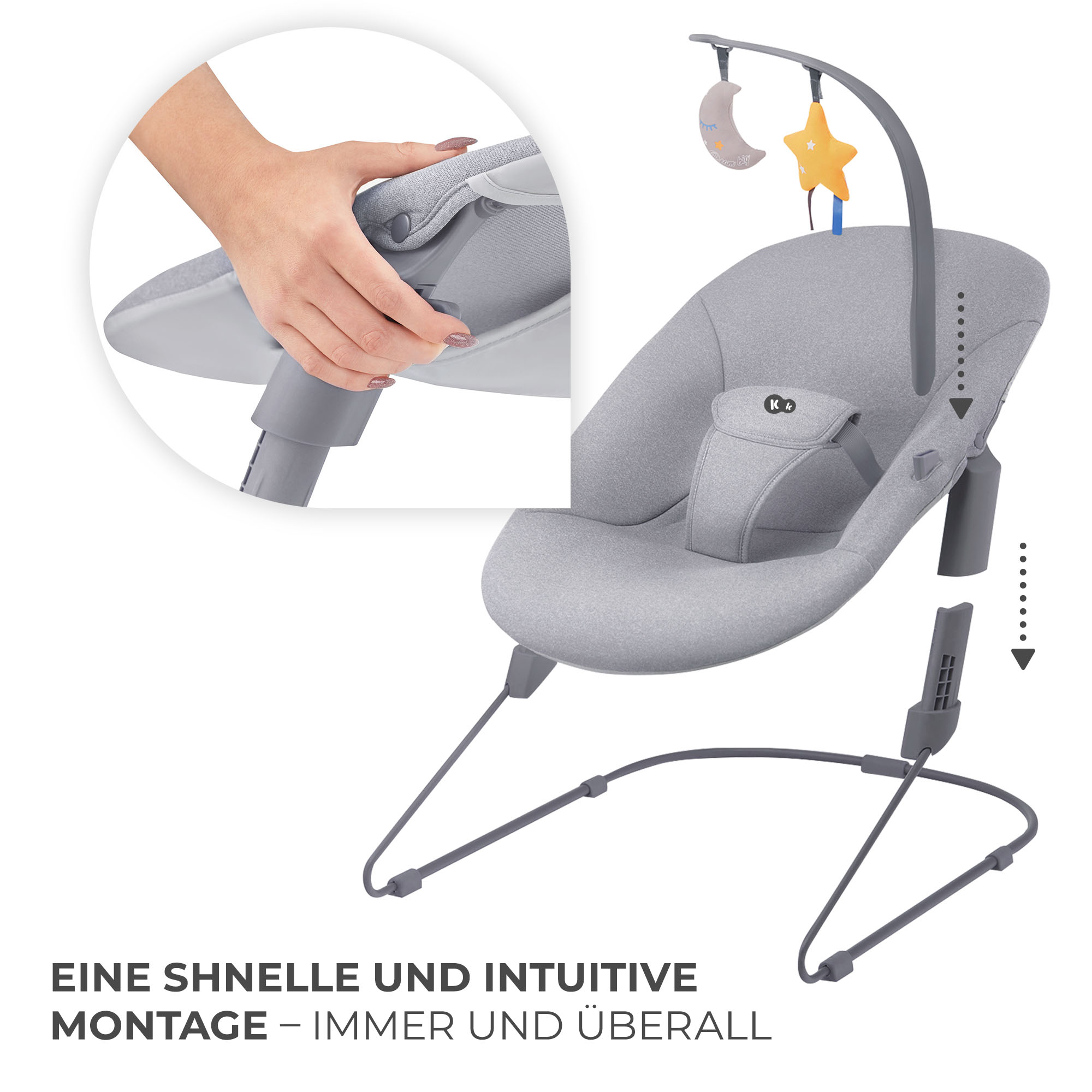 Grauer Babywippen-Aufbau mit Spielbügel und Stern/Mond-Anhänger. Detailansicht Montage.