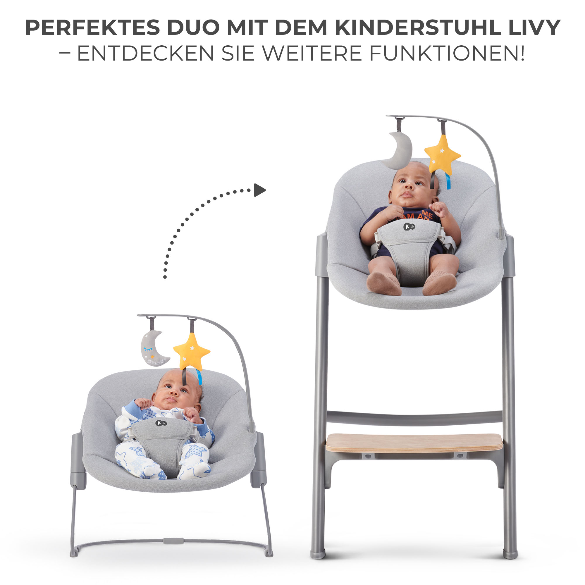 Zwei Babys in grauen Babystühlen mit Spielzeug, einer hoch und einer niedrig.