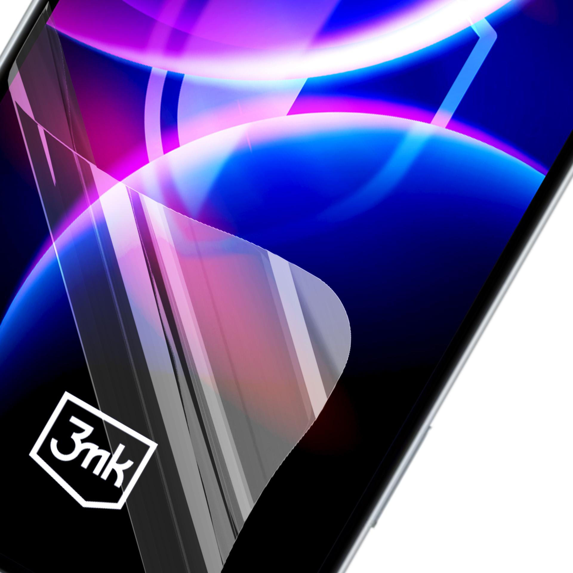 Smartfon z folią ochronną na ekran i kolorowym abstrakcyjnym tłem.
