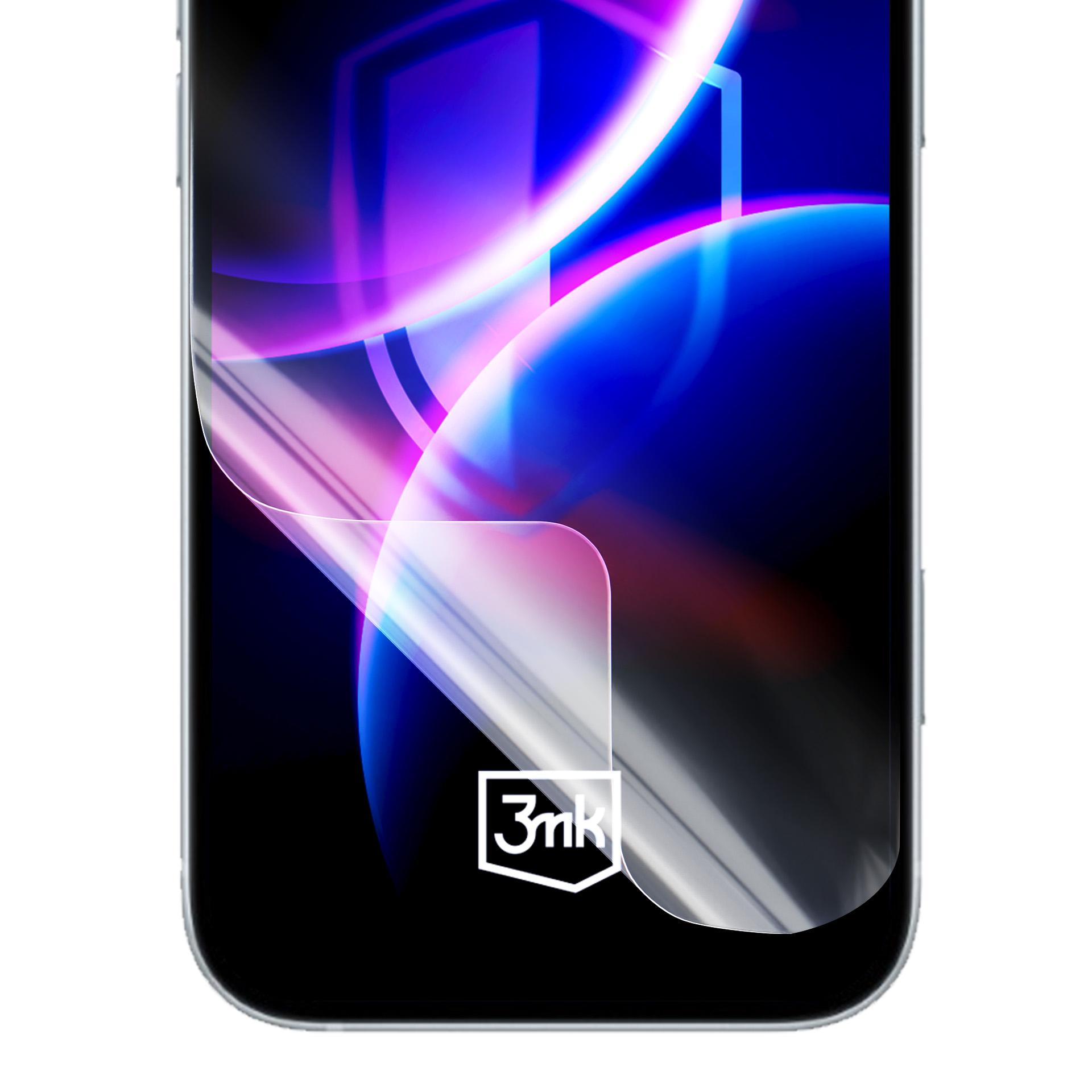 Smartfon z neonowym, abstrakcyjnym tłem i logo 3mk.