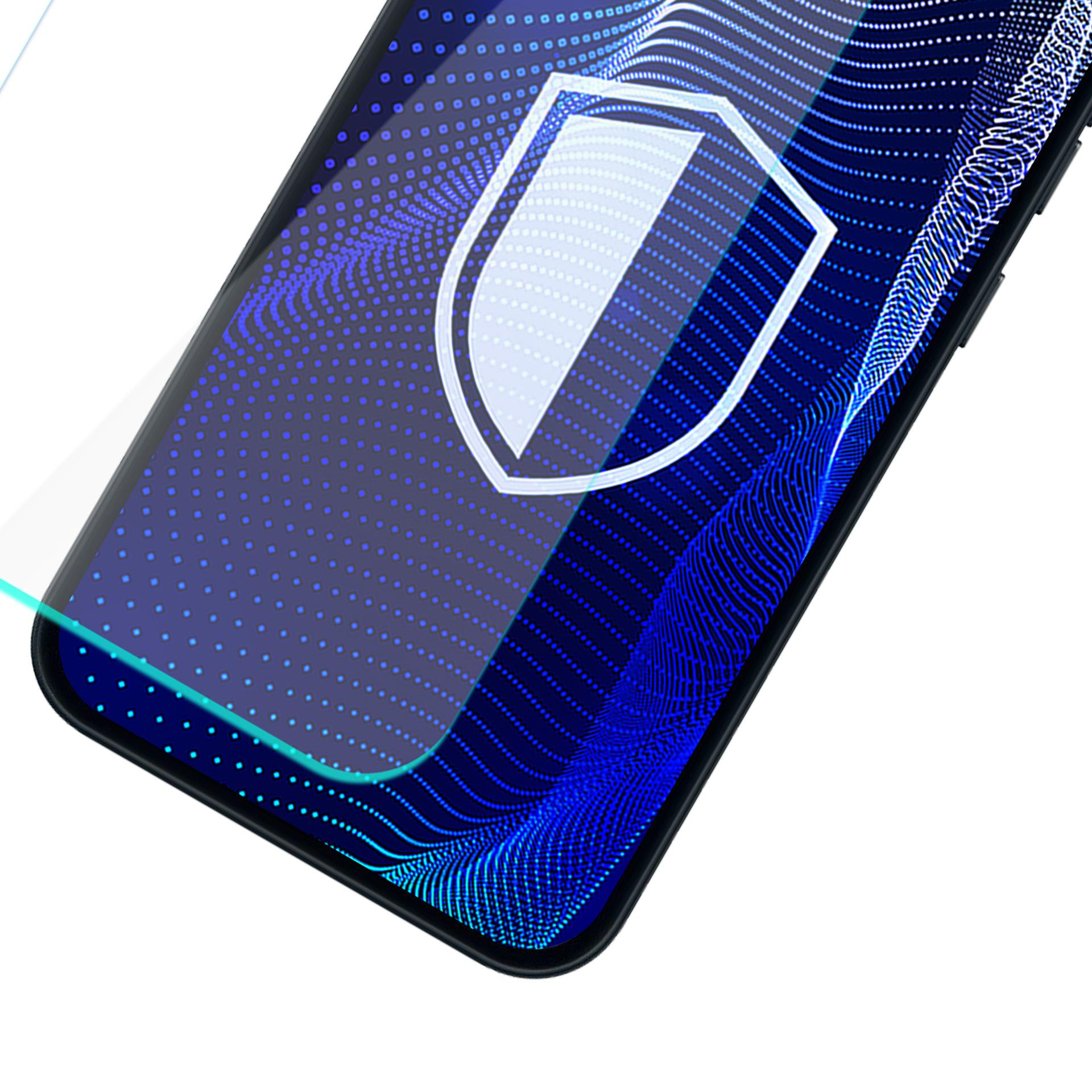Smartfon z niebieskim wzorem fal i ikoną tarczy.