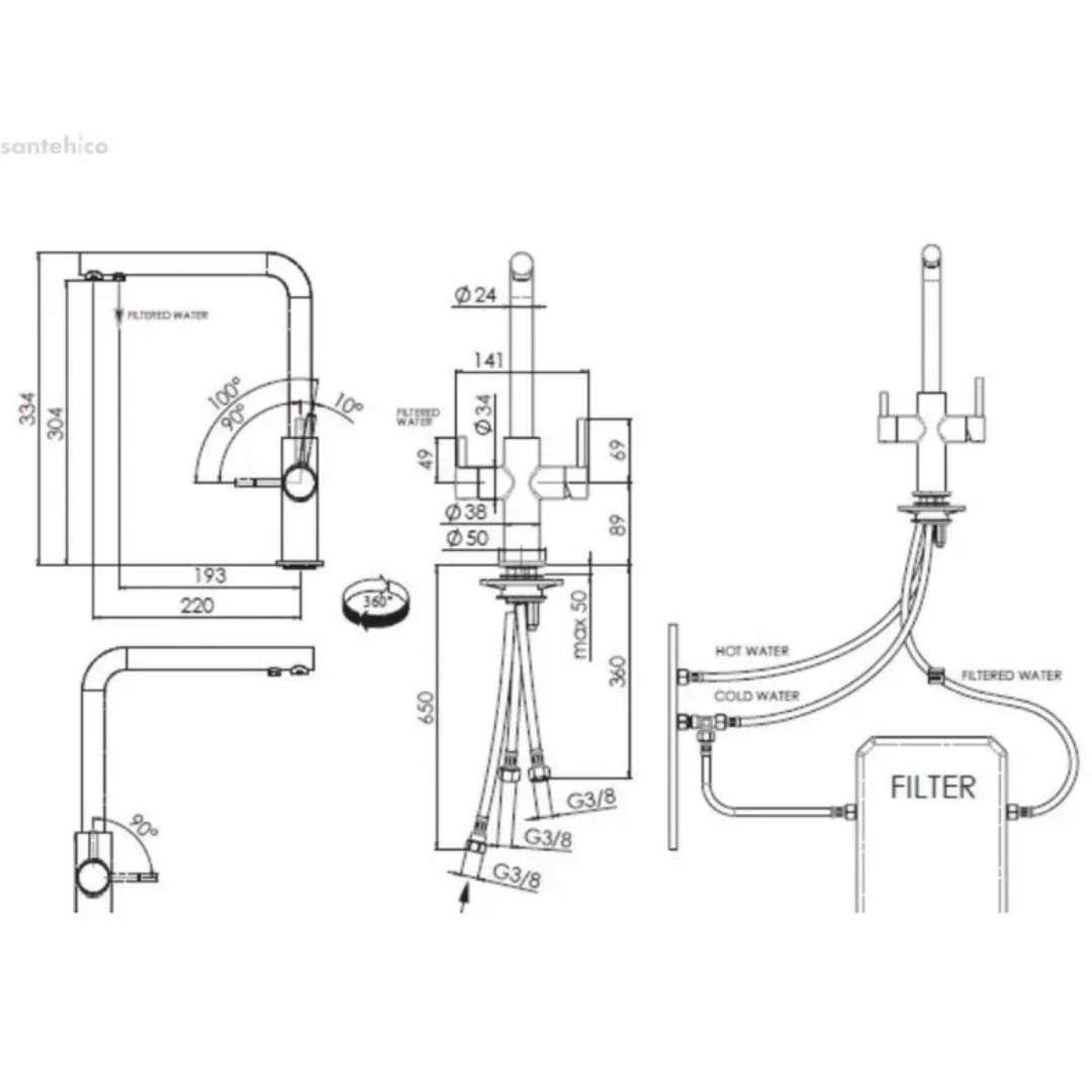 Disegno tecnico di un rubinetto con dimensioni e connessioni per acqua calda, fredda e filtrata.