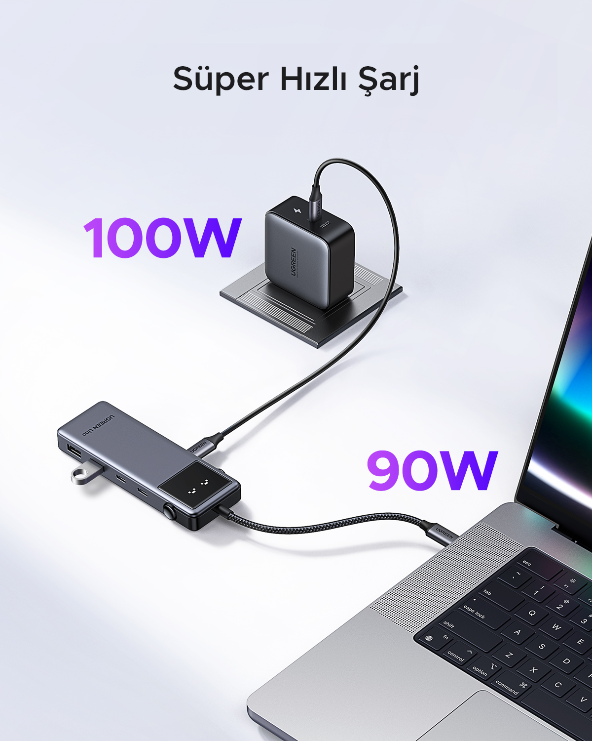 Ładowarka 100W i stacja dokująca 90W są podłączone do laptopa.