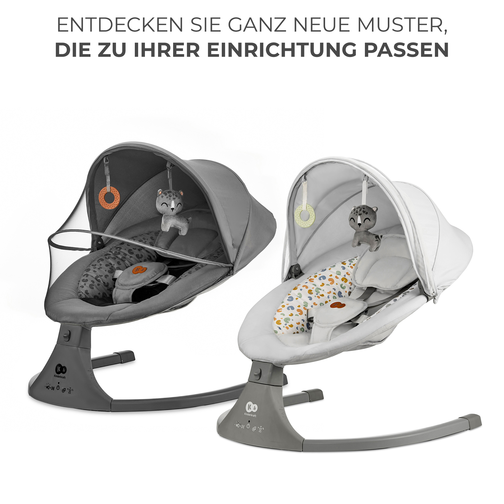 Zwei Babywippen nebeneinander, eine grau mit Leopardenmuster, eine hellgrau mit bunten Mustern.