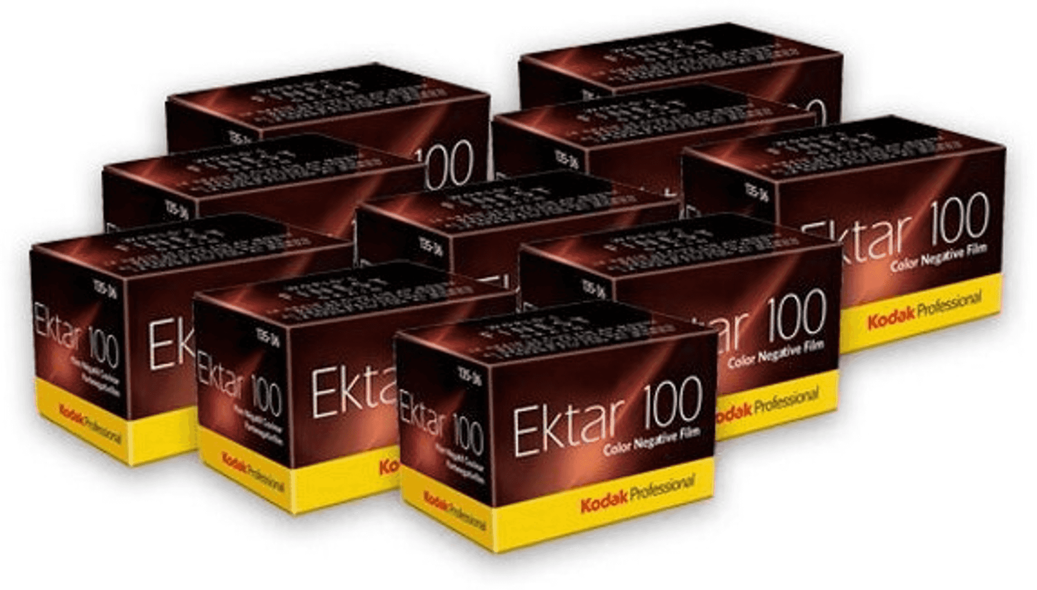 Varias cajas de película negativa a color Kodak Ektar 100, marrones y amarillas.