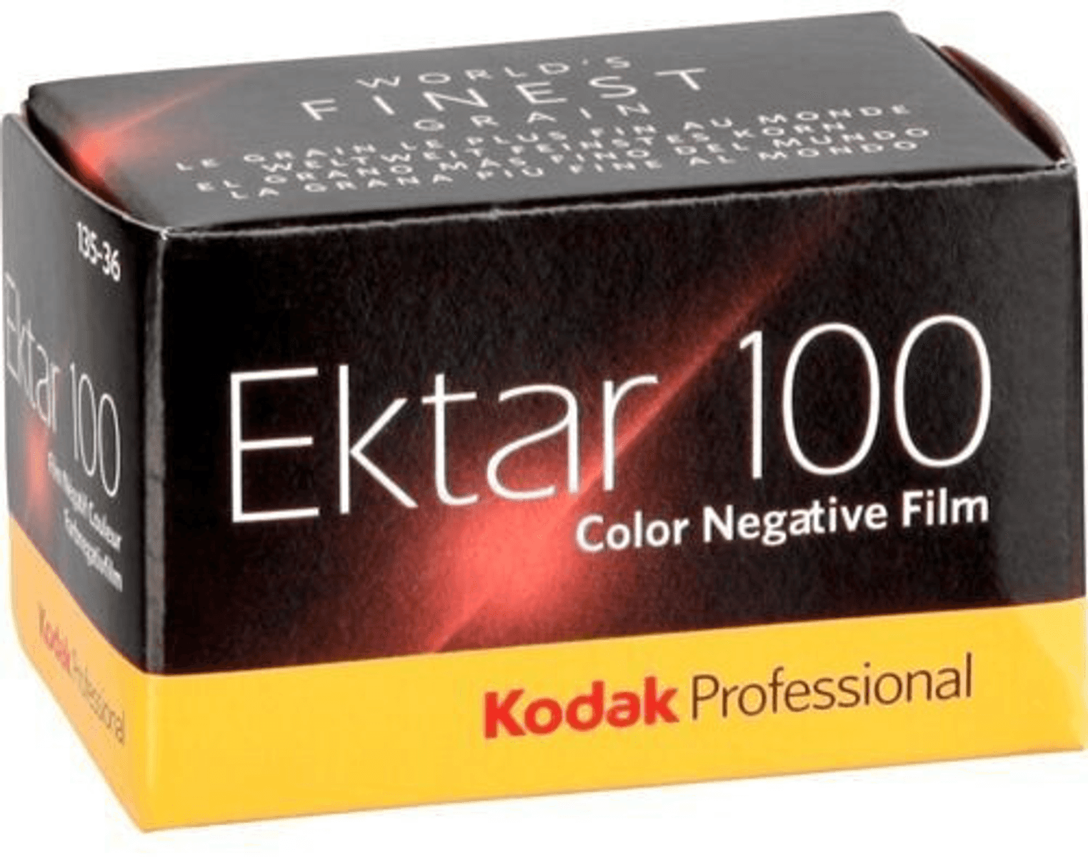 Caja de película negativa a color Kodak Ektar 100 con diseño amarillo y negro.