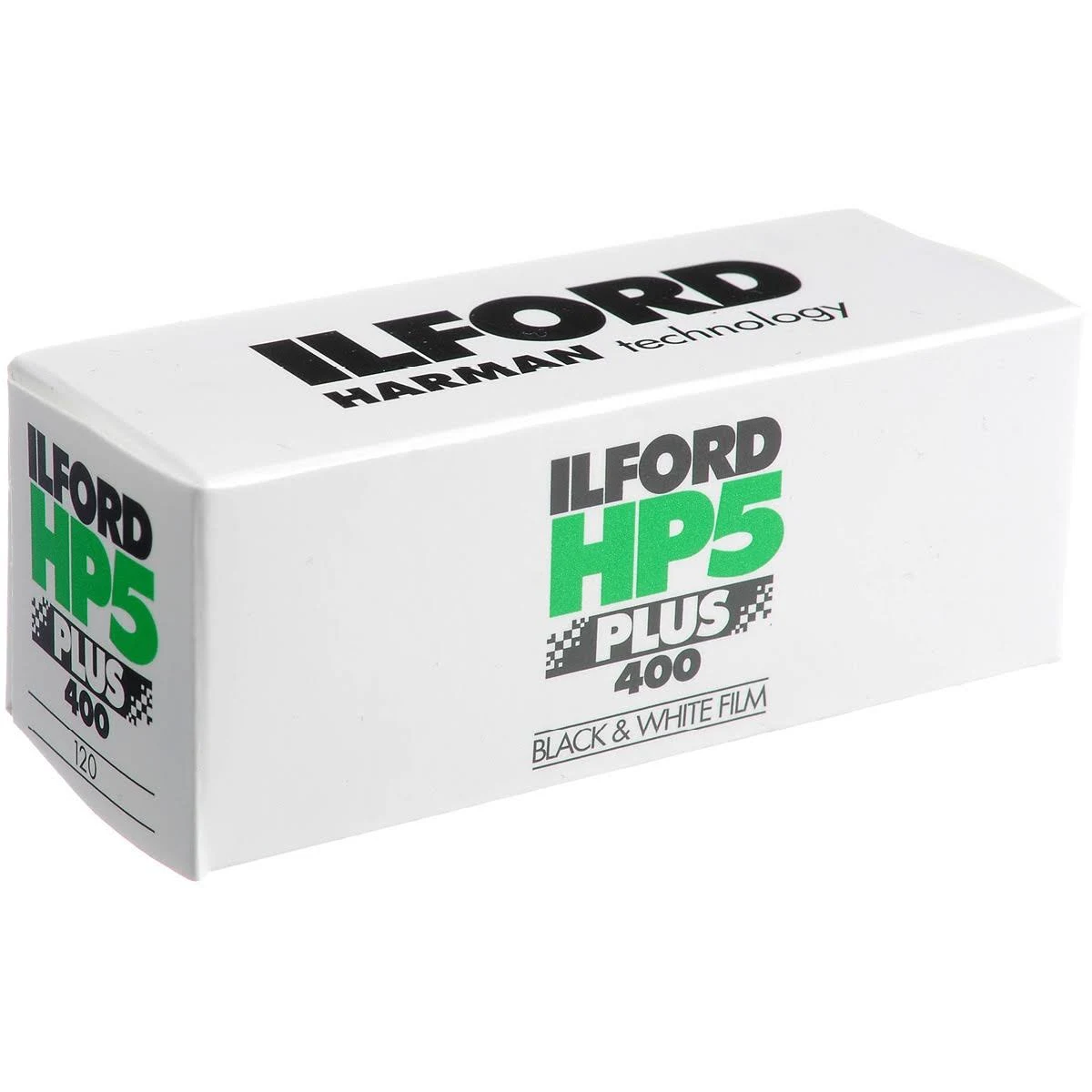 Una caja blanca que muestra película Ilford HP5 Plus 400 en blanco y negro.