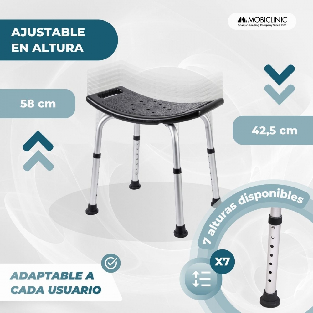 Un taburete de ducha ajustable de metal y plástico negro con 7 alturas.
