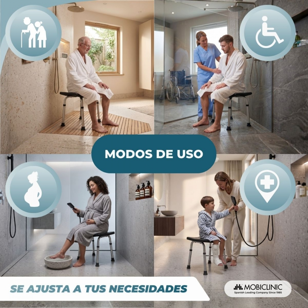 Cuatro escenas muestran uso de asiento de ducha: ancianos, discapacitados, embarazadas, niño.