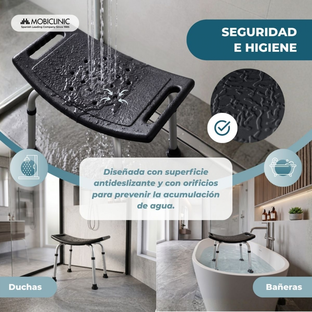 Banqueta de ducha antideslizante con orificios para drenar agua en duchas y baños.