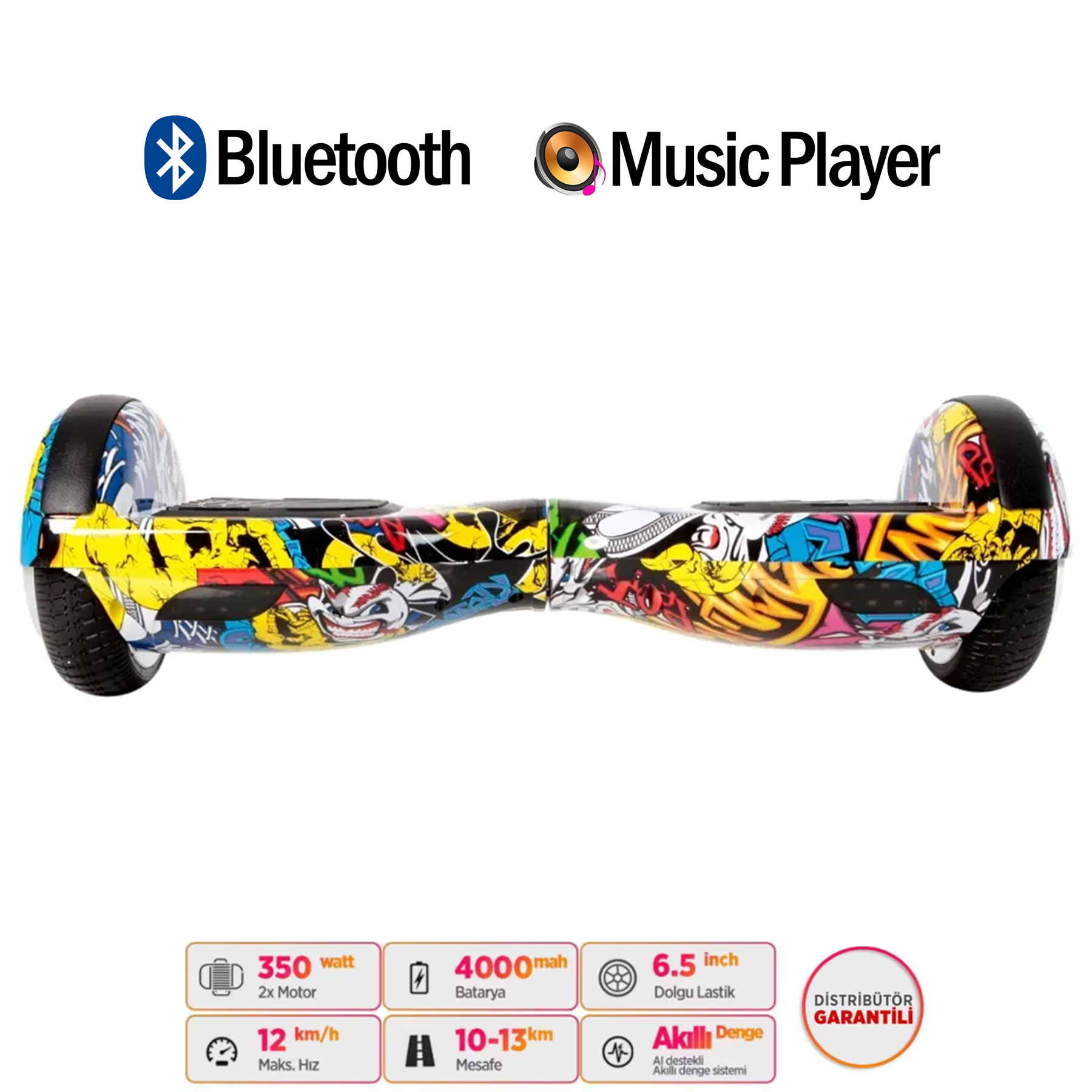 Renkli graffiti desenli, Bluetooth ve müzik çalar ikonlu hoverboard.