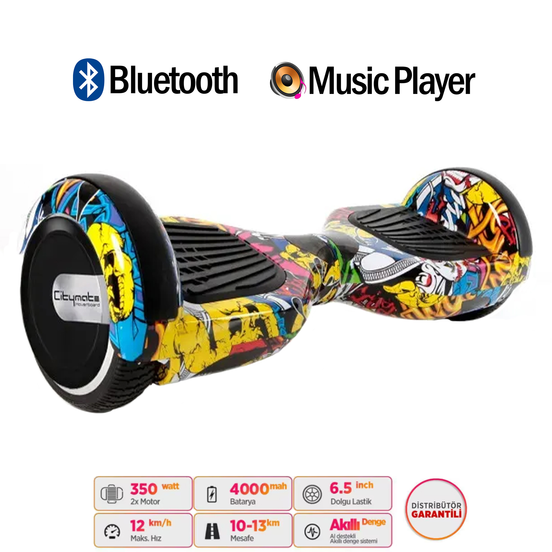 Bluetooth ve müzik çalar özellikli renkli hoverboard.