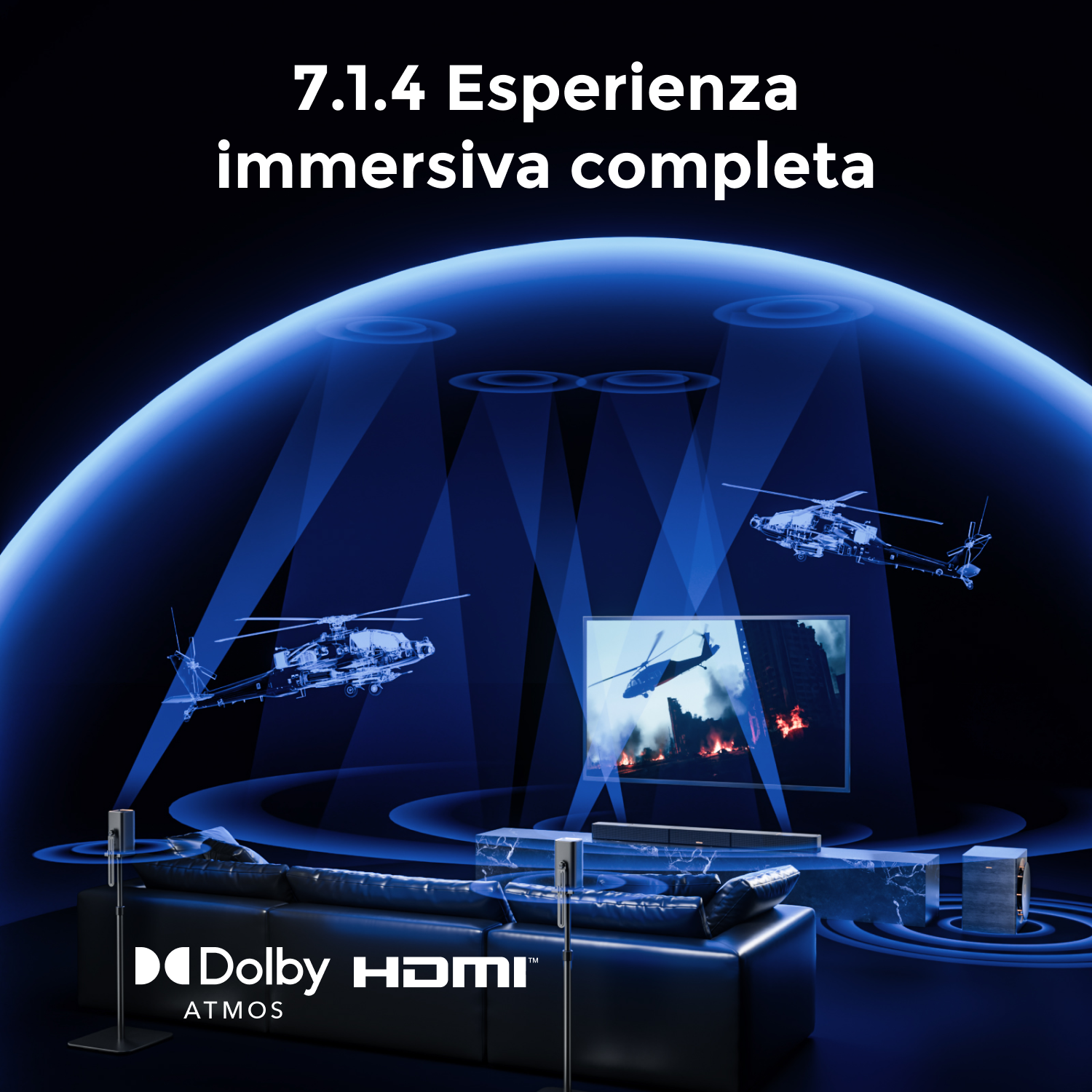 Un soggiorno con Dolby Atmos. Elicotteri volano su uno schermo TV.