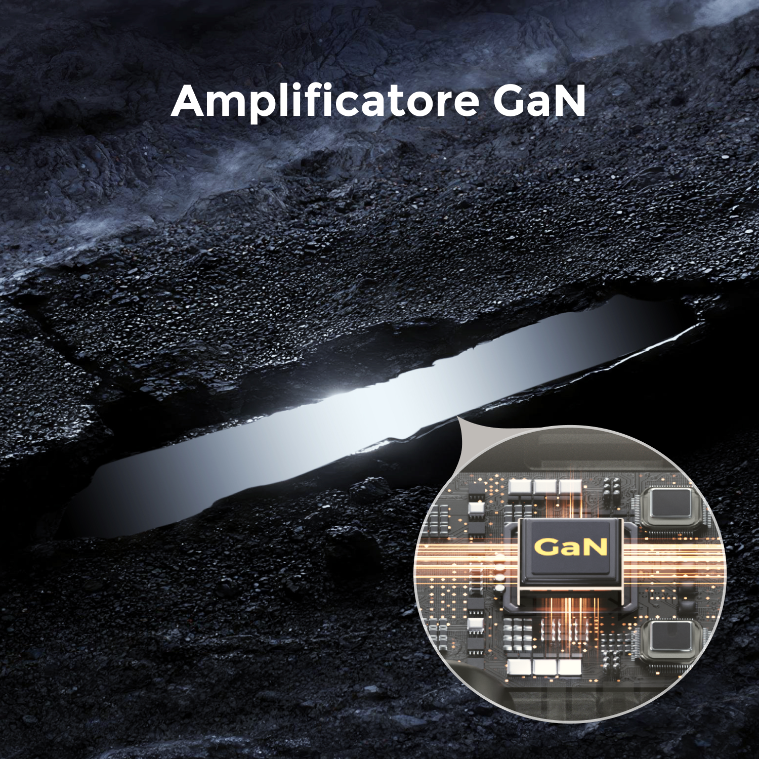 Testo amplificatore GaN su sfondo scuro e roccioso con dettaglio di circuito stampato luminoso.