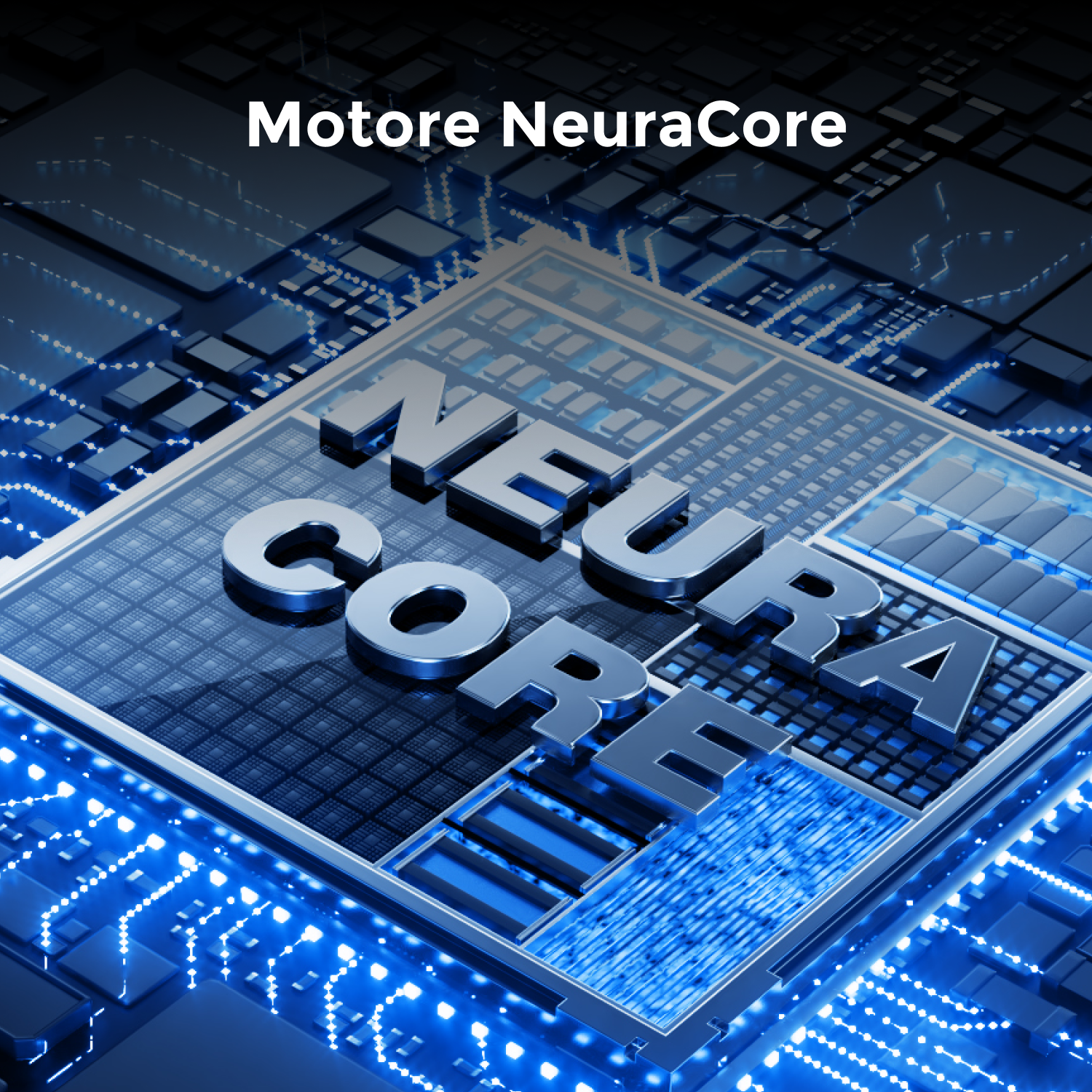 Circuiti blu astratti illuminano un chip del computer con testo "NEURA CORE".