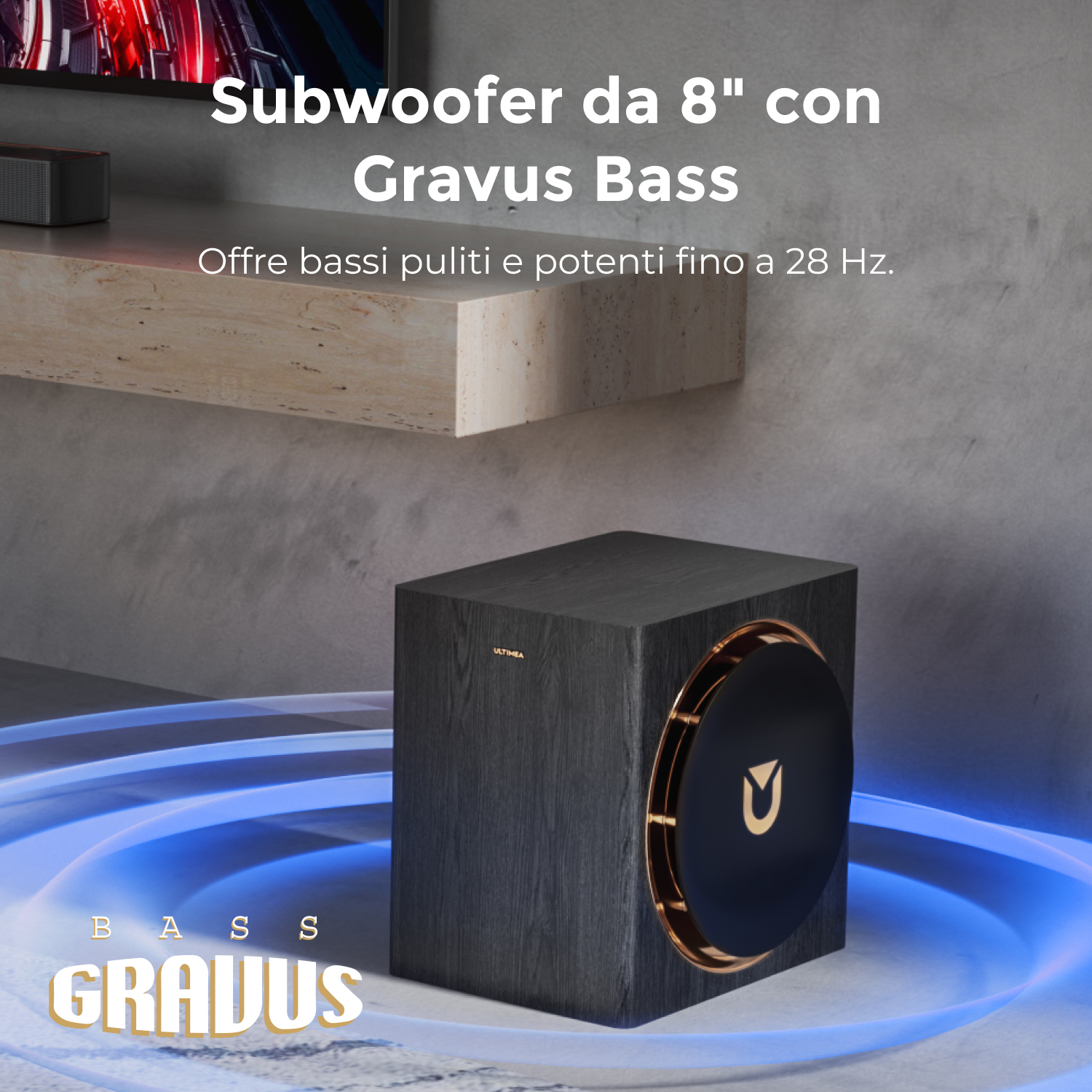 Subwoofer nero con accenti di rame e logo 'U' sulla griglia frontale rotonda.