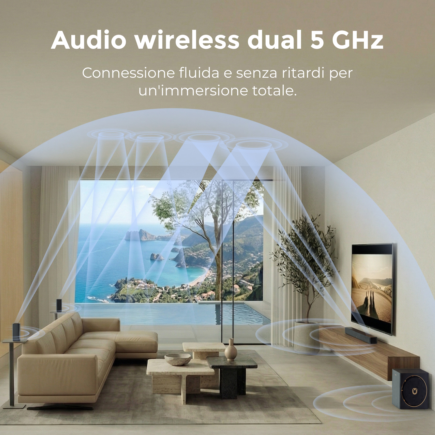 Soggiorno moderno con divano, TV e vista mare. Onde audio visibili.