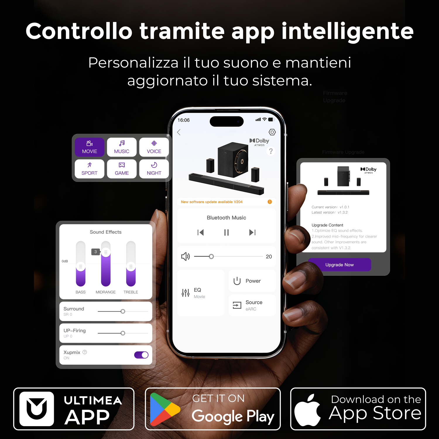 Mano che tiene smartphone con app per controllo soundbar Dolby Atmos. Mostra impostazioni bassi, surround, EQ.