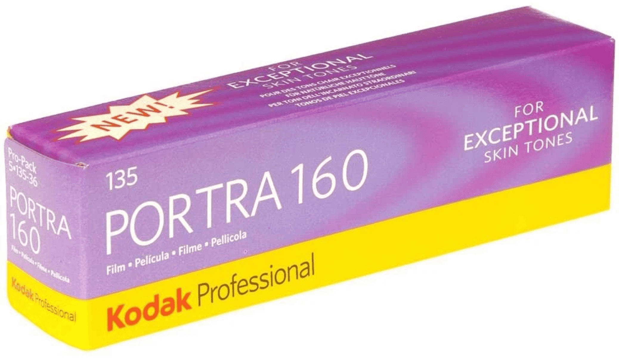 Caja de película Kodak Portra 160, morada y amarilla, para tonos de piel excepcionales.