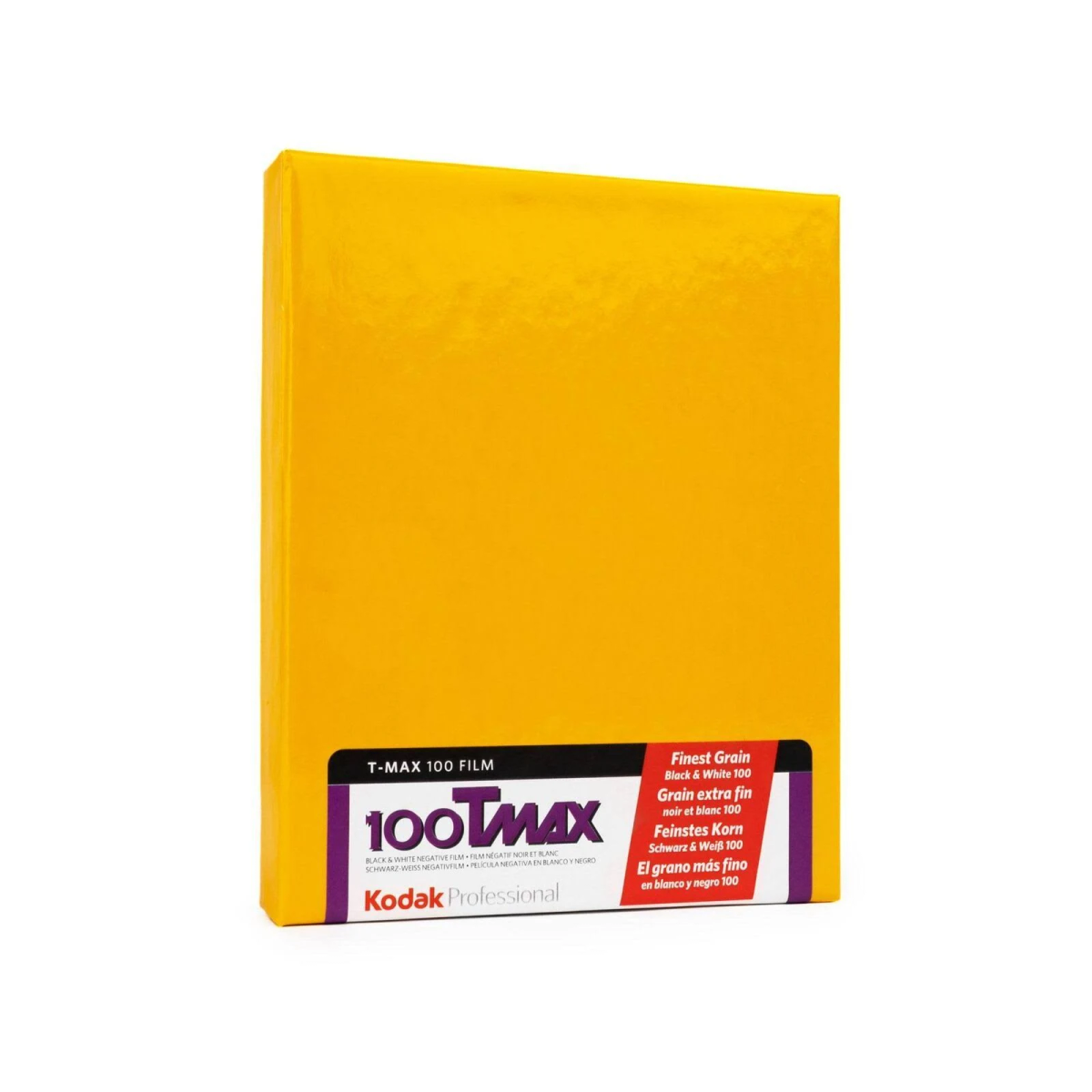 Una caja amarilla para película Kodak T-MAX 100, con texto en varios idiomas.