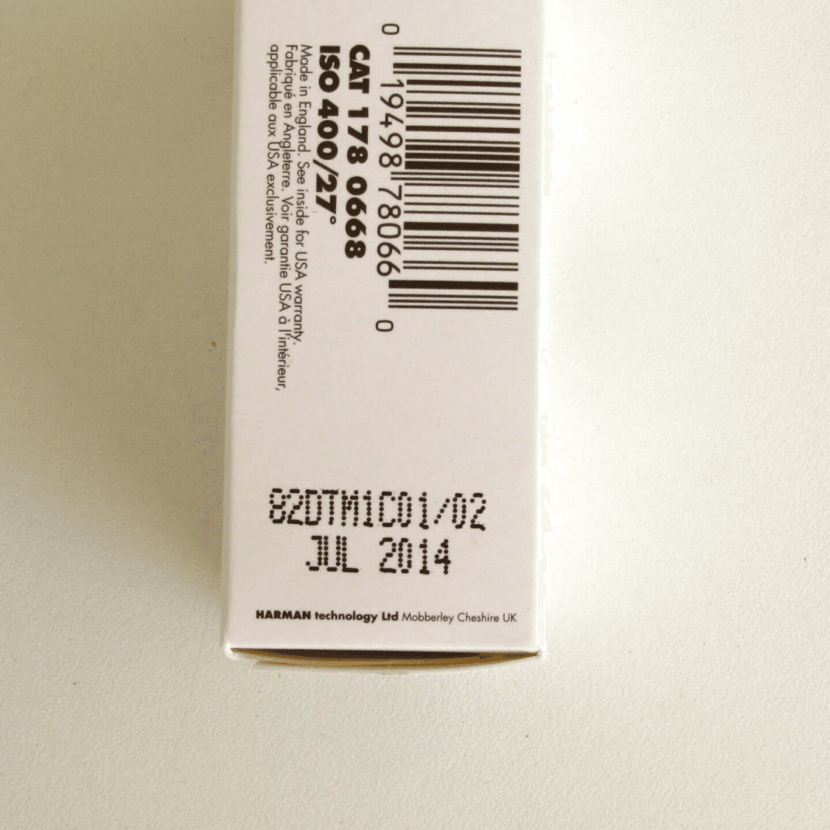 Código de barras, CAT 178 0668, ISO 400/27°, JUL 2014, HARMAN technology Ltd.