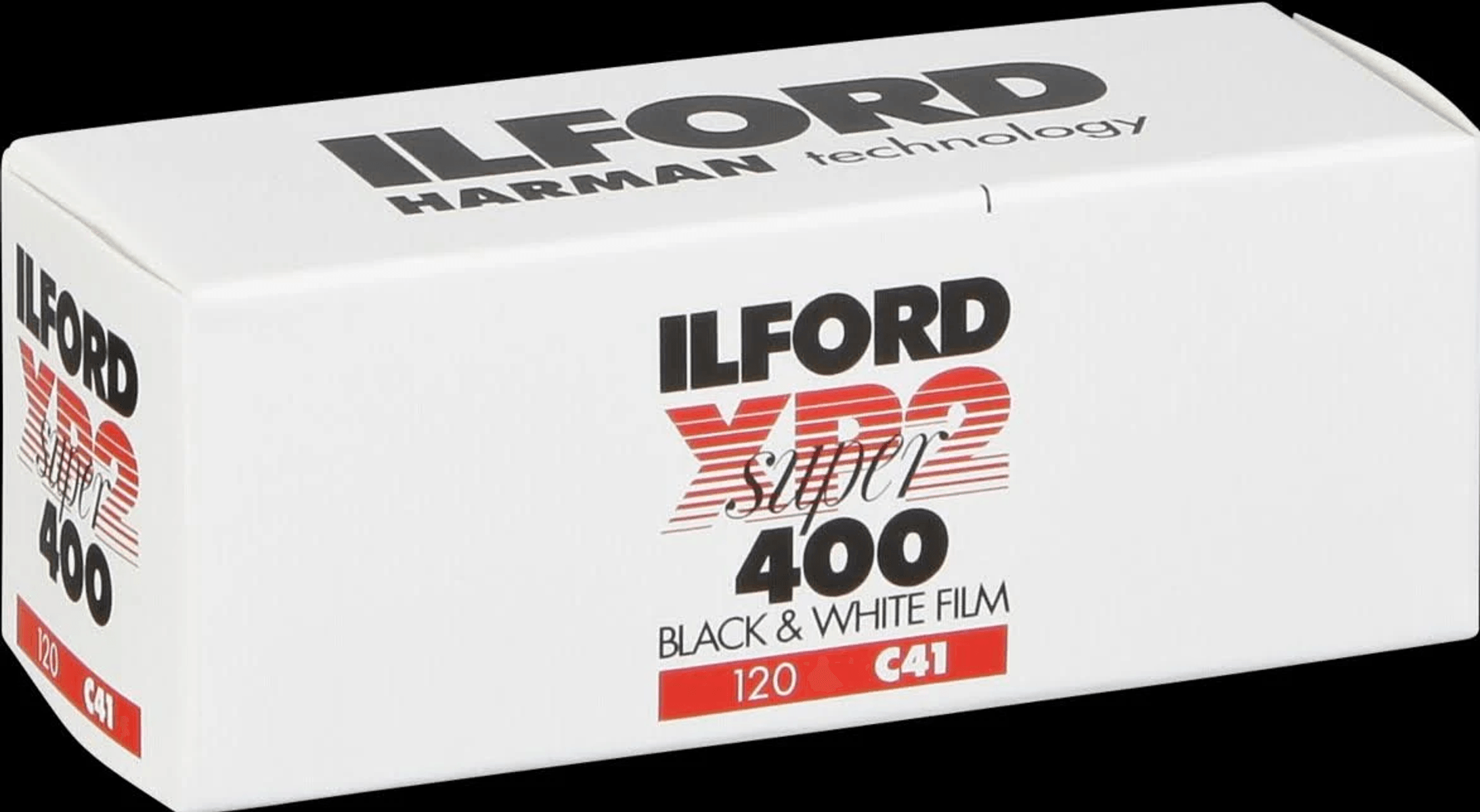 Caja blanca con impresión negra de película ILFORD XP2 SUPER 400.