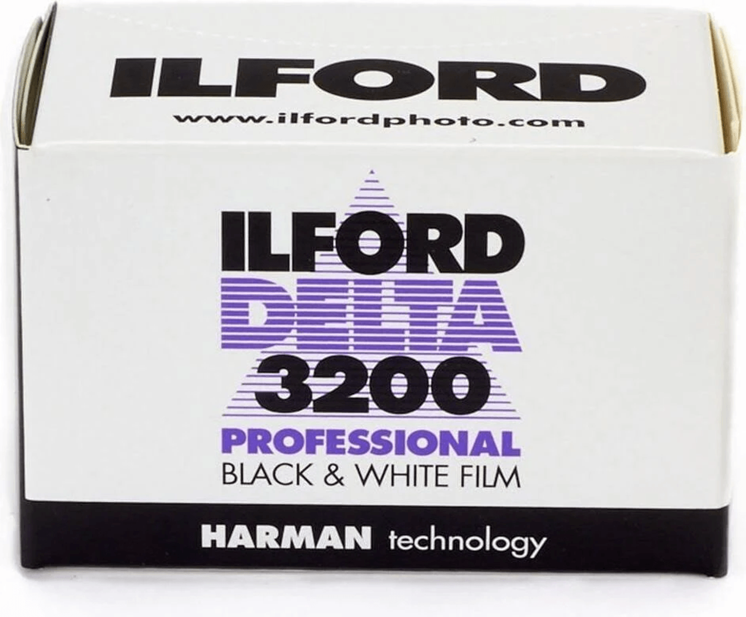 Caja de película Ilford Delta 3200 profesional blanco y negro con logo HARMAN technology.