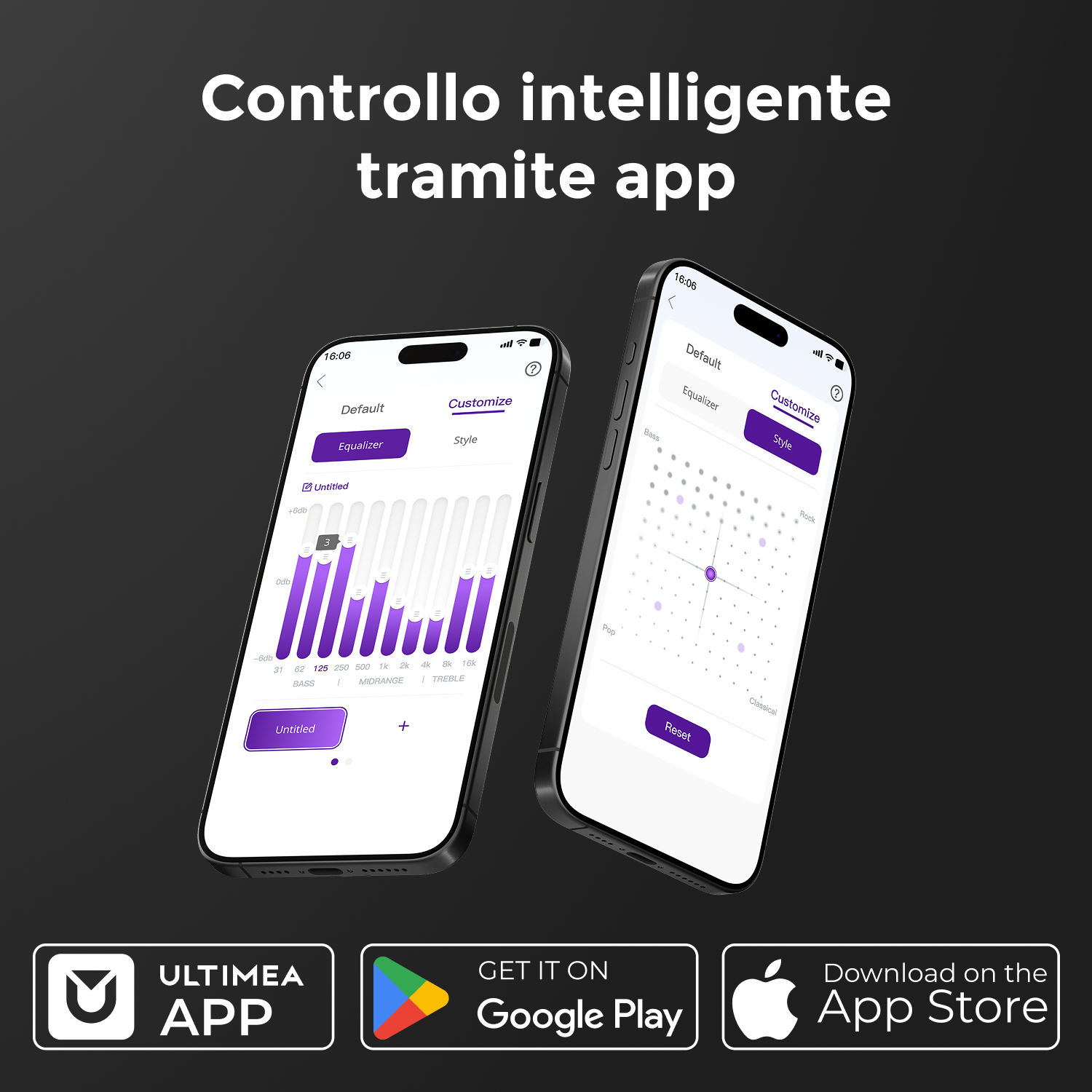 Due smartphone mostrano le impostazioni dell'equalizzatore e dello stile di un'app.