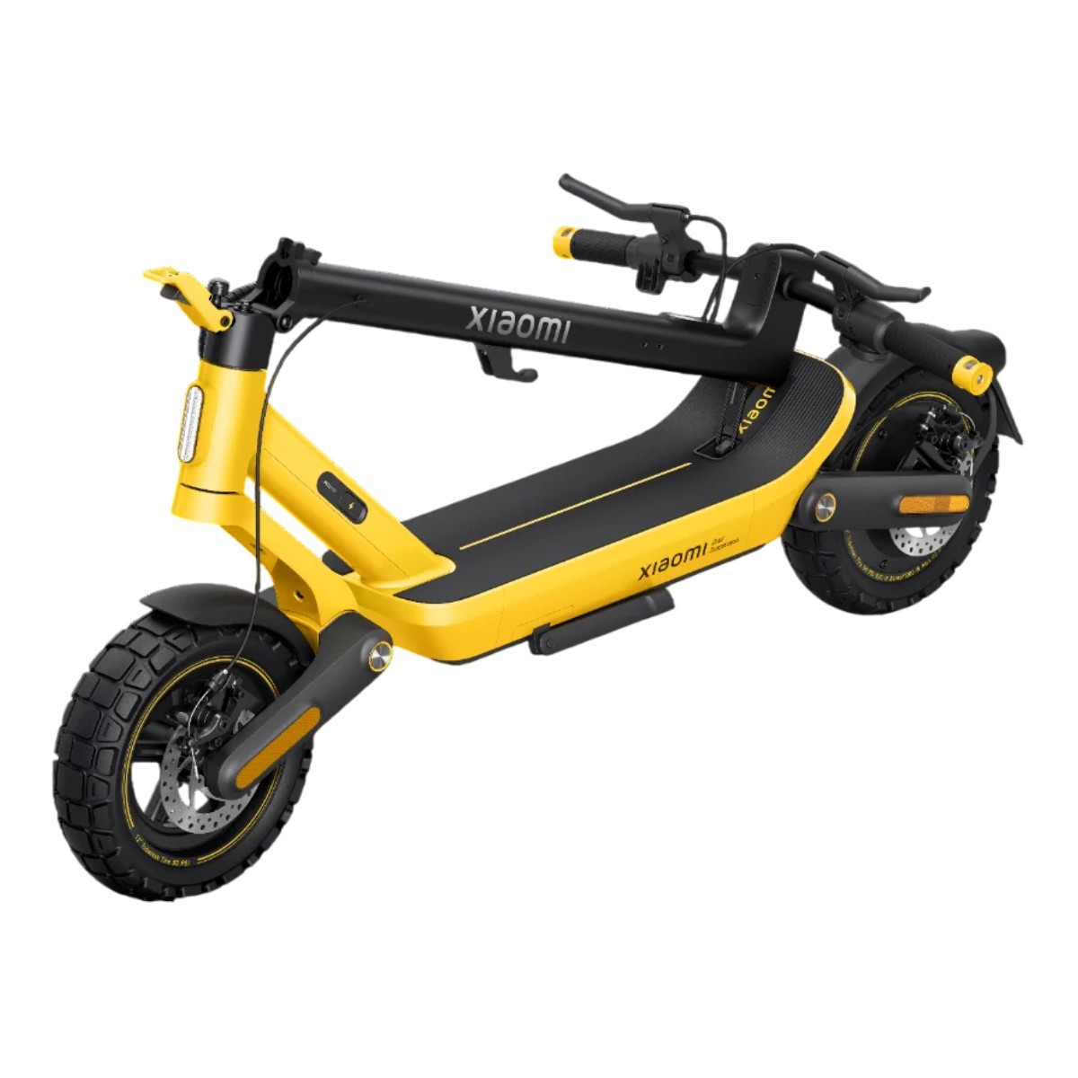 Ein gelber Xiaomi E-Scooter mit schwarzen Akzenten, zusammengeklappt.