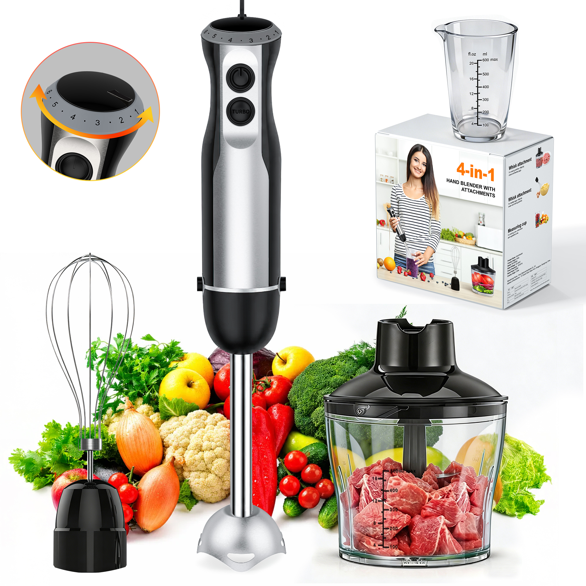 Ein Handmixer mit Zubehör, Schüssel mit Fleisch, Schneebesen und Gemüse.