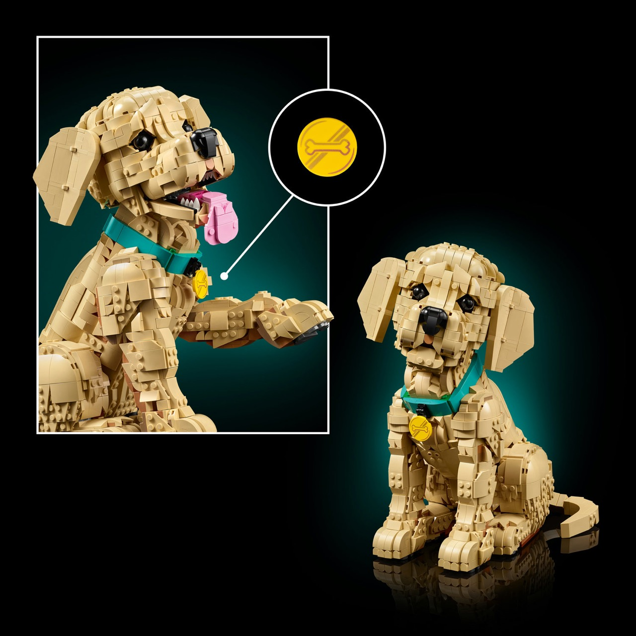 Beżowy pies LEGO siedzi, z kółkiem z ikoną kości.