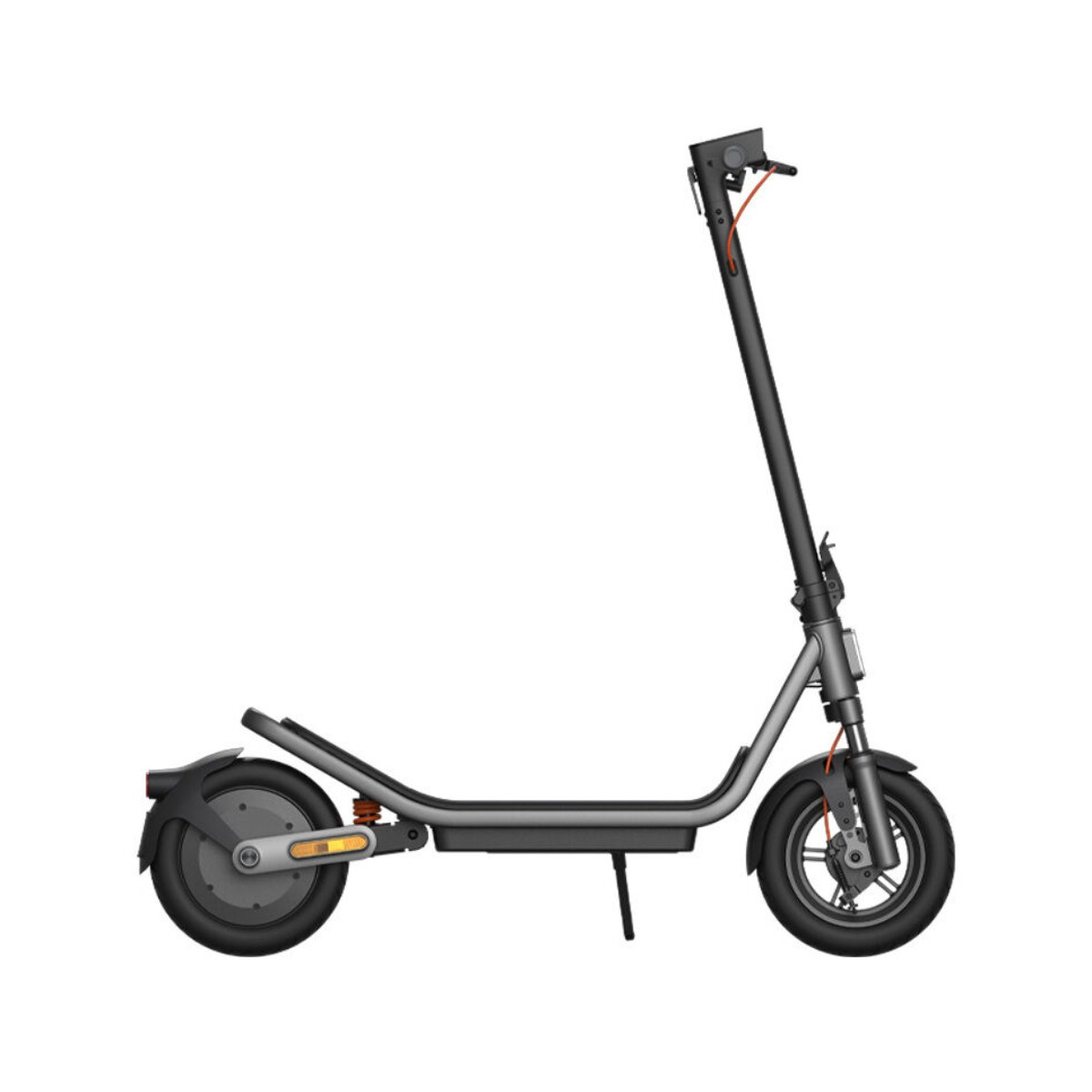 Grauer Elektroroller mit schwarzem Lenker und Rädern.