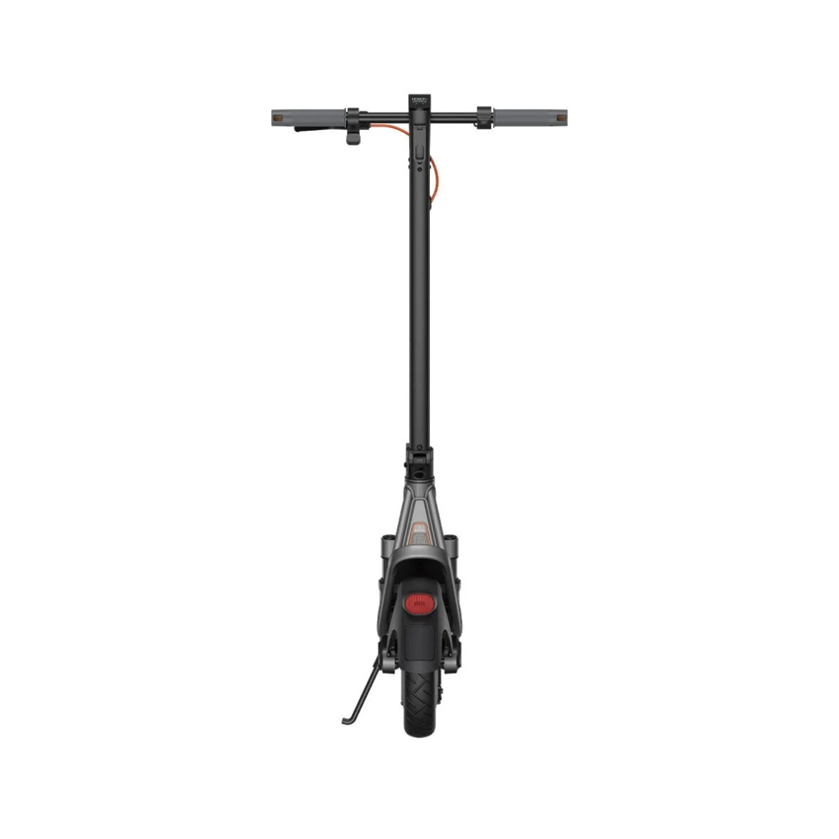 Ein grauer Elektroroller mit Lenker, Vorder- und Hinterrad auf weißem Hintergrund.