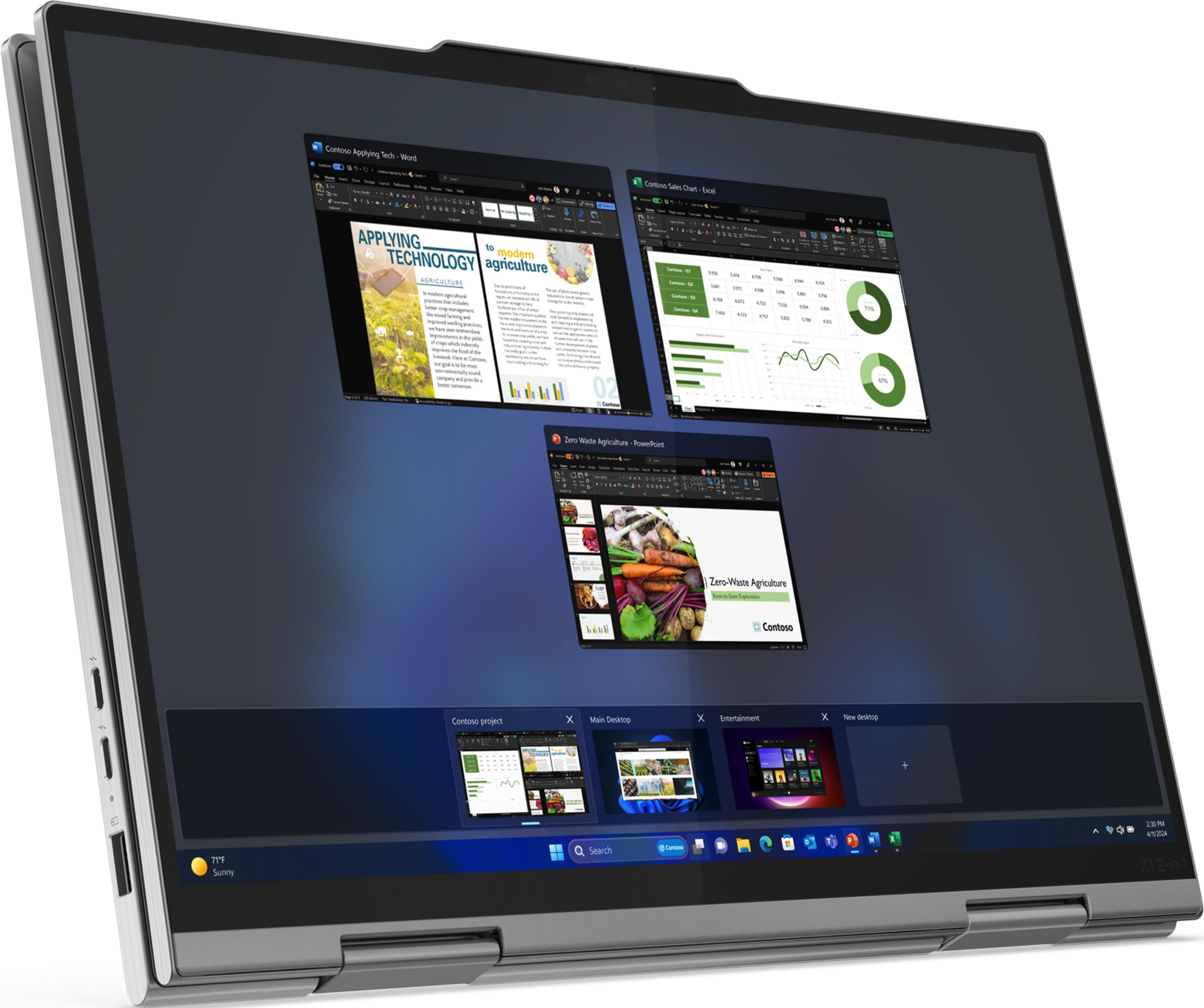 Un laptop mostra tre finestre aperte: Word, Excel e PowerPoint, con una barra delle applicazioni in basso.