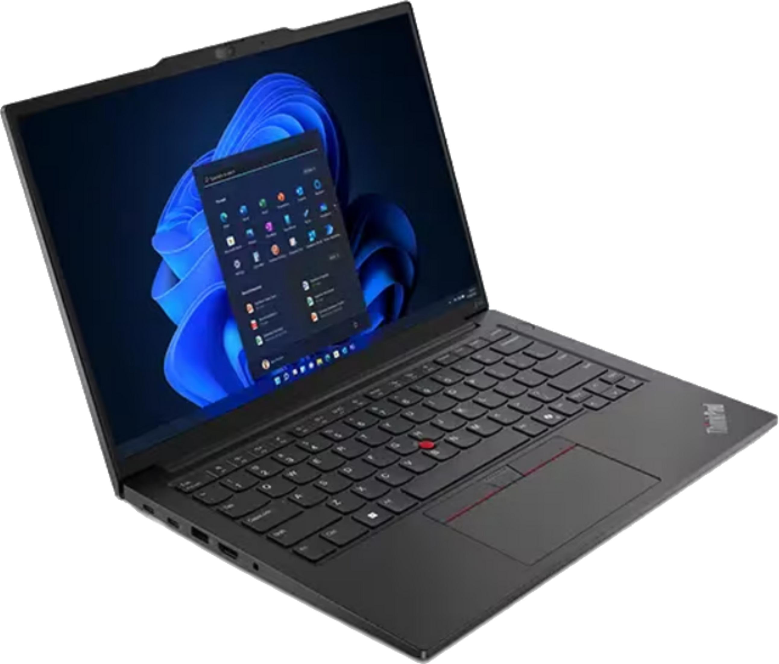 Un laptop ThinkPad nero aperto che mostra Windows 11 con una grafica blu di sfondo.