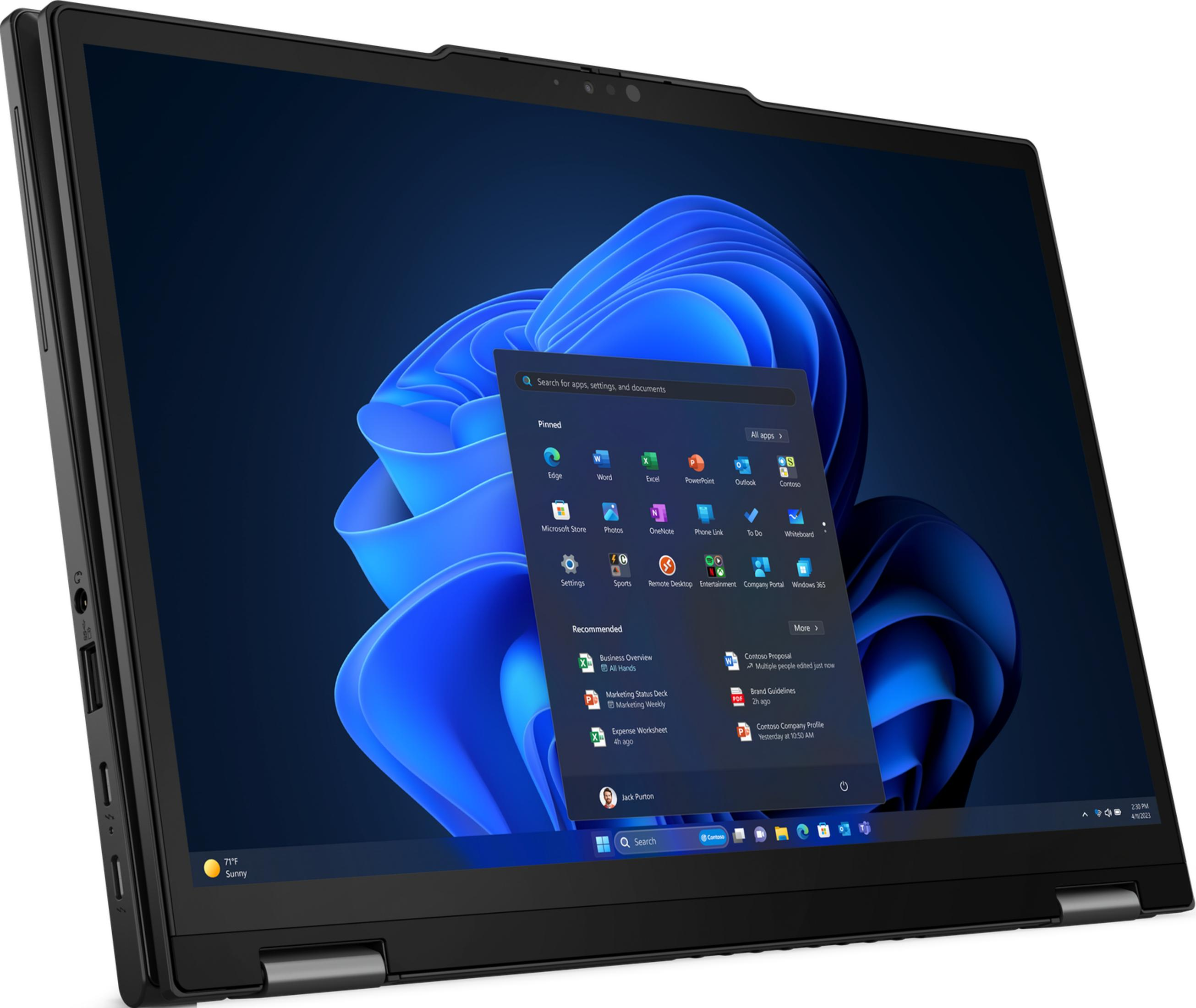 Laptop che mostra il menu Start di Windows 11 con app e file. Icona soleggiata.