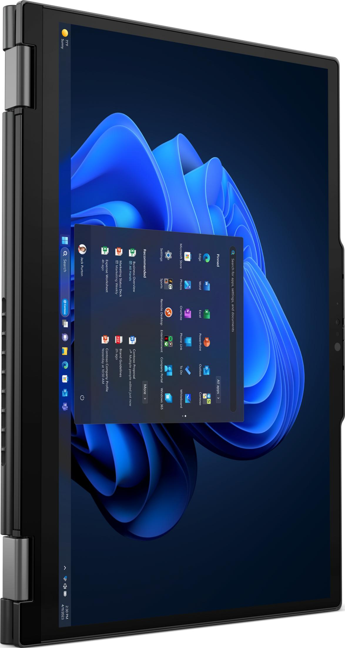 Un laptop che mostra il menu Start di Windows 11, con app e documenti.