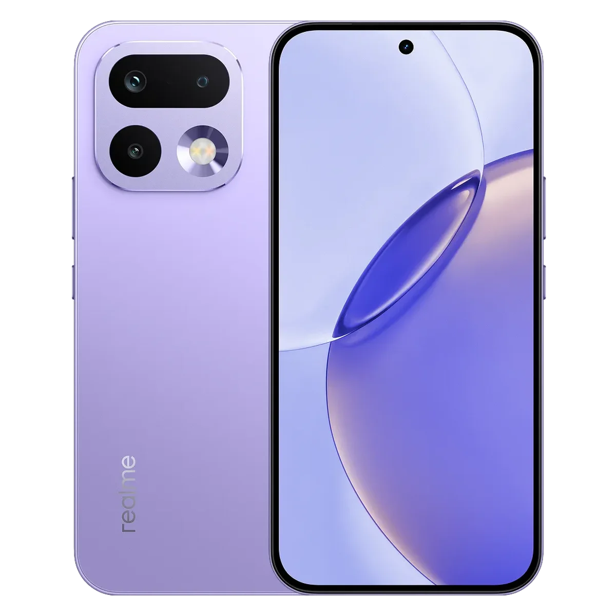 Ein lila Smartphone mit einem Kameramodul mit drei Linsen und Blitz.