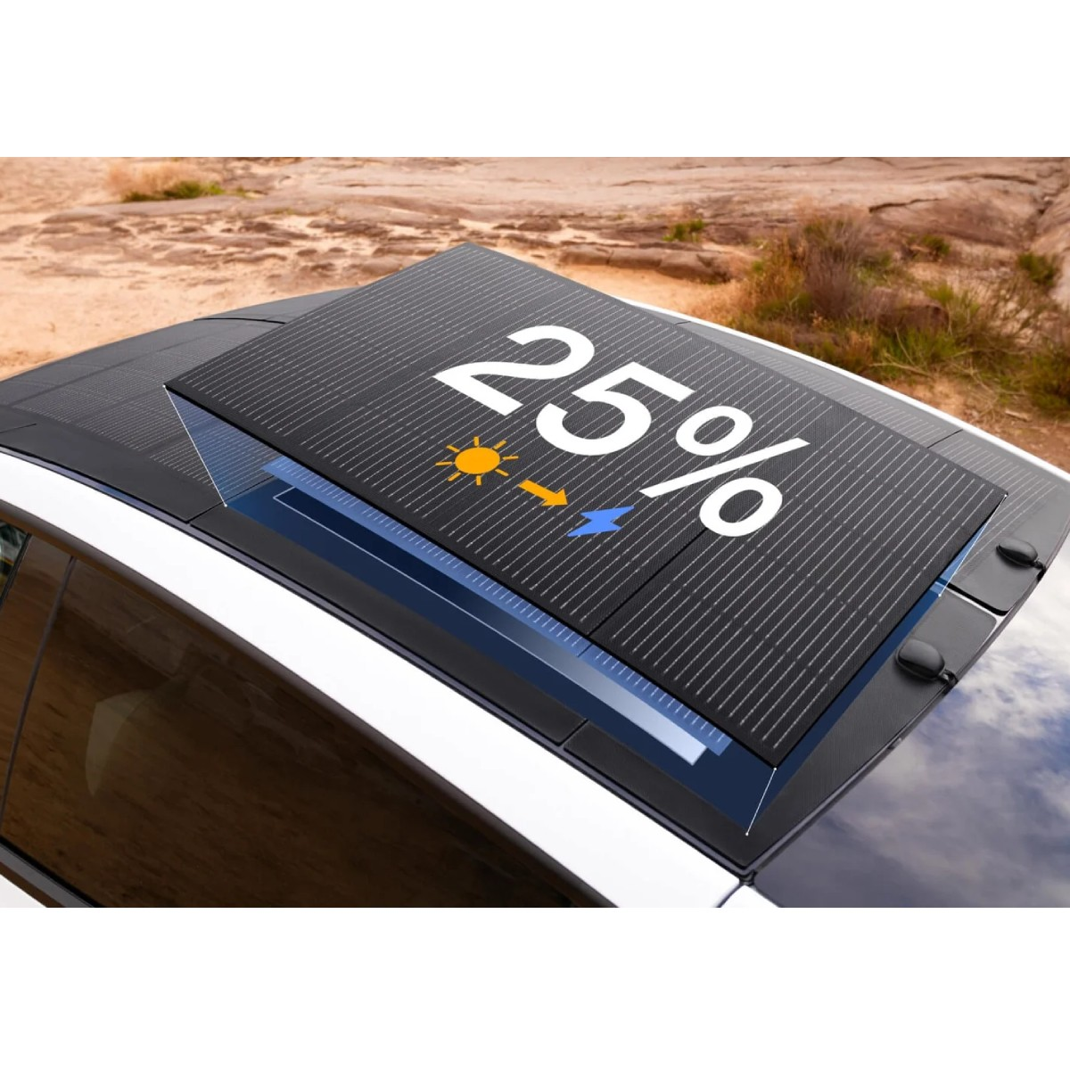 Un coche con paneles solares en el techo que muestran el 25%.