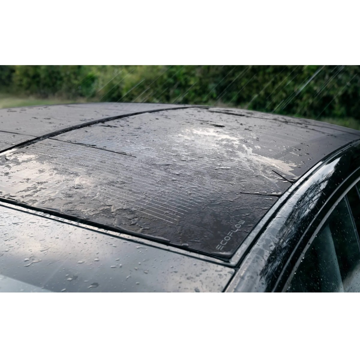 Gotas de lluvia en el techo de un coche negro con paneles solares. Un seto verde al fondo.