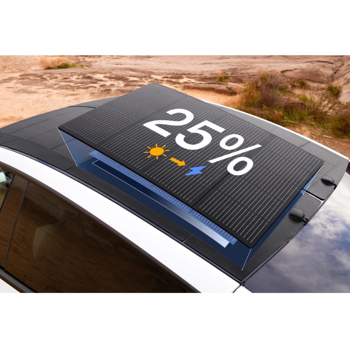 Paneles solares en techo de coche muestran 25% con sol y rayo.