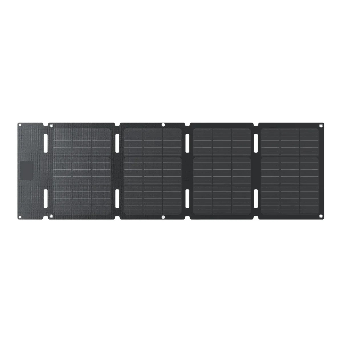 Un pannello solare pieghevole nero con quattro segmenti e fori di montaggio argentati.